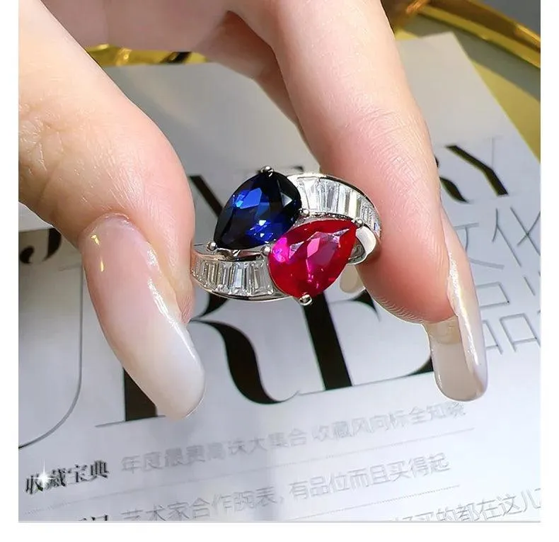 Charming Double Stone Colour Contrast Water Drop Lab Created Ruby Sapphire Versatile Personality Big Rings