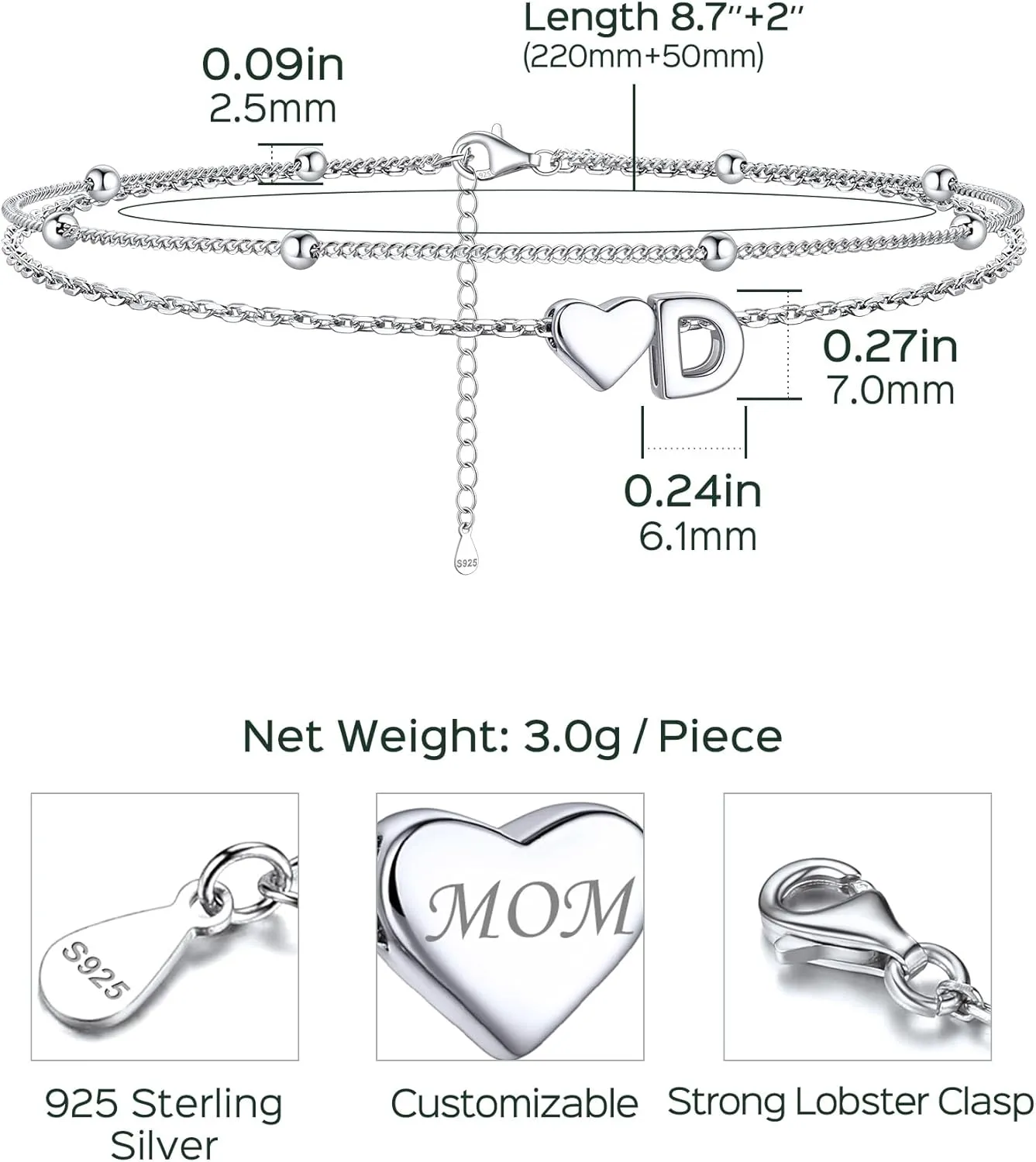 ChicSilver Sterling Silver Anklets for Women Hypoallergenic Womens Ankle Bracelets for Women Layered Heart Anklet With Initials Womens Anklets Jewelry for Mom Wife