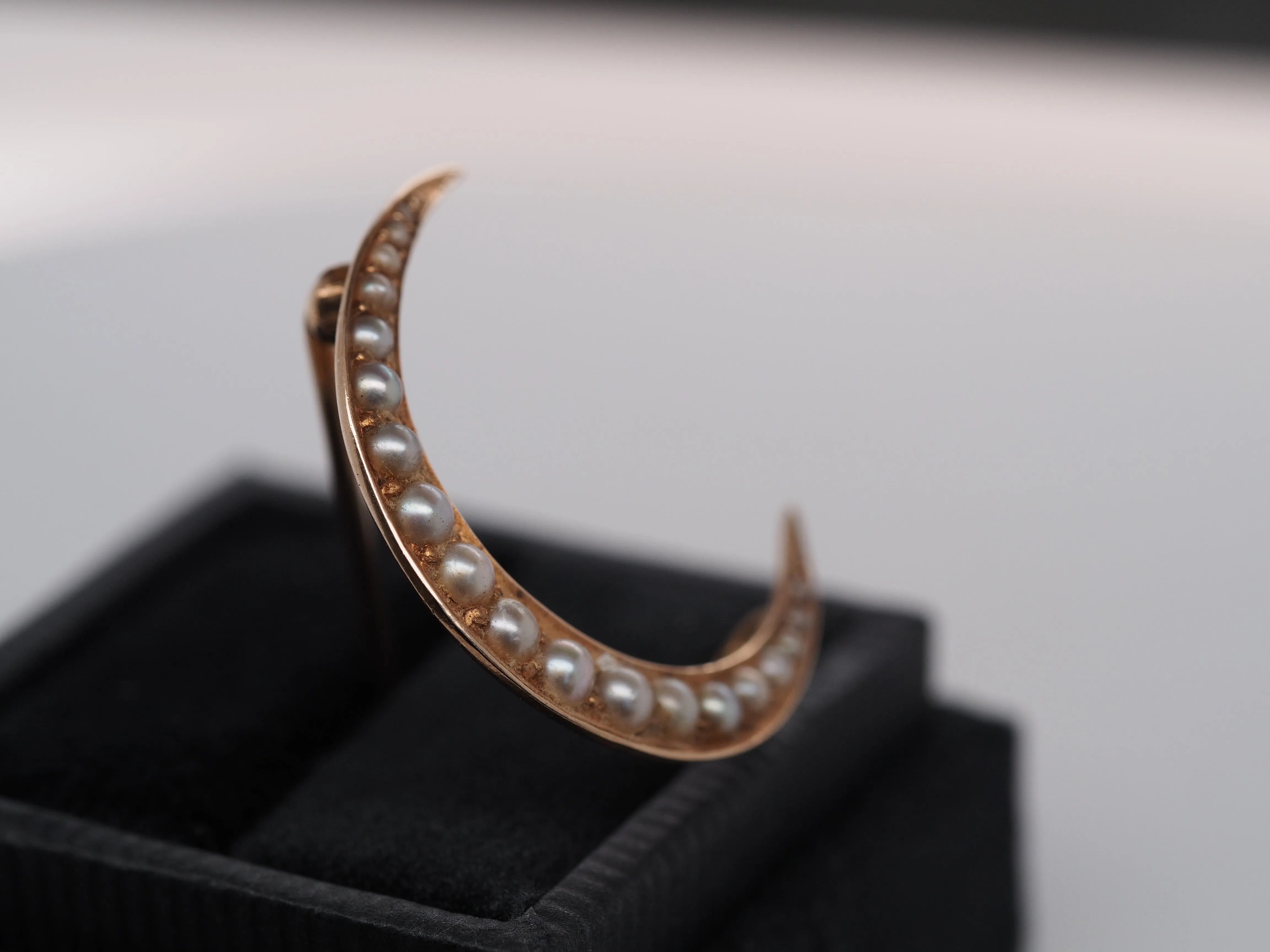 Circa 1920s “BIRKS” Pearl Crescent Moon Pin Brooch