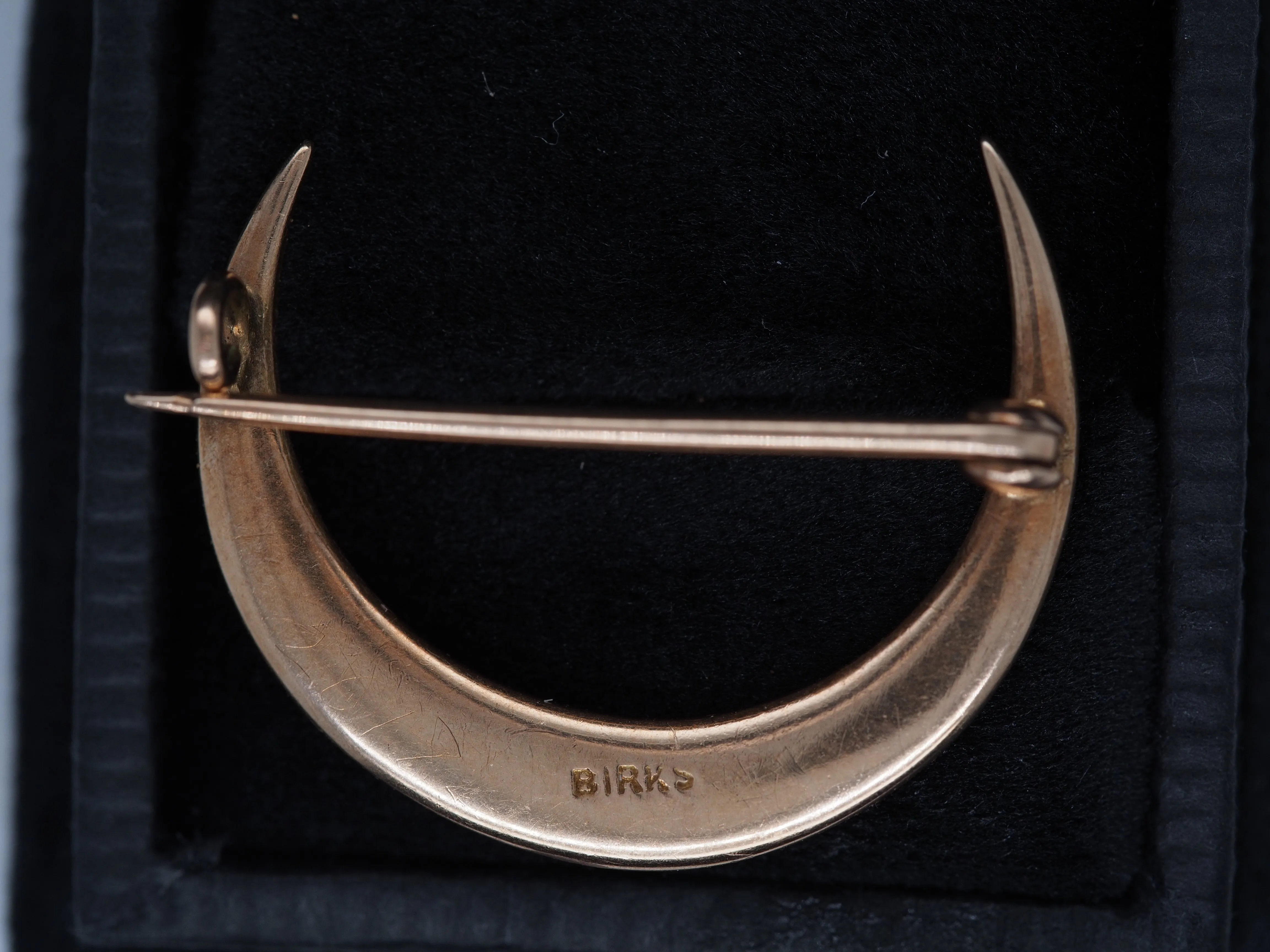 Circa 1920s “BIRKS” Pearl Crescent Moon Pin Brooch