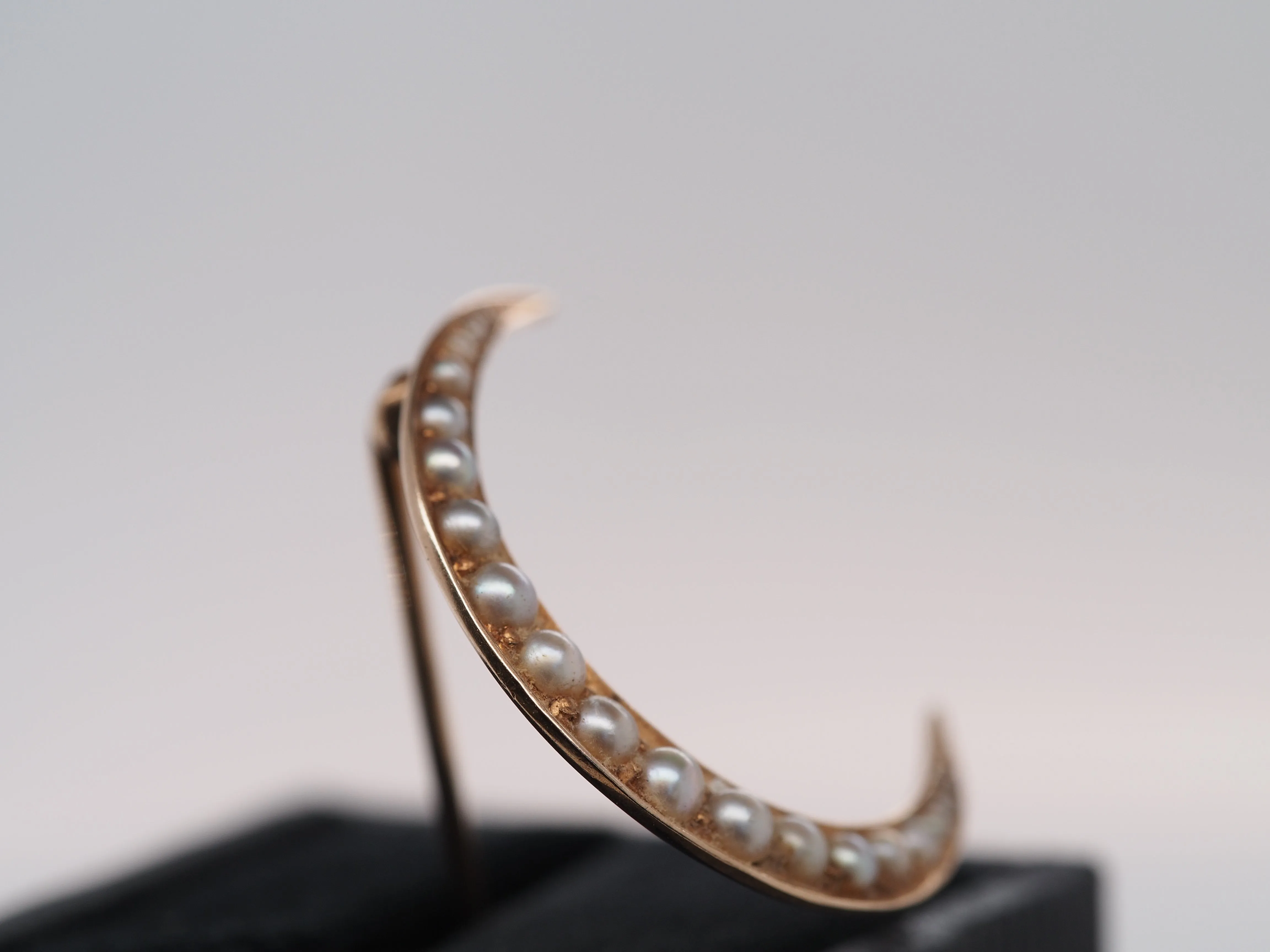 Circa 1920s “BIRKS” Pearl Crescent Moon Pin Brooch