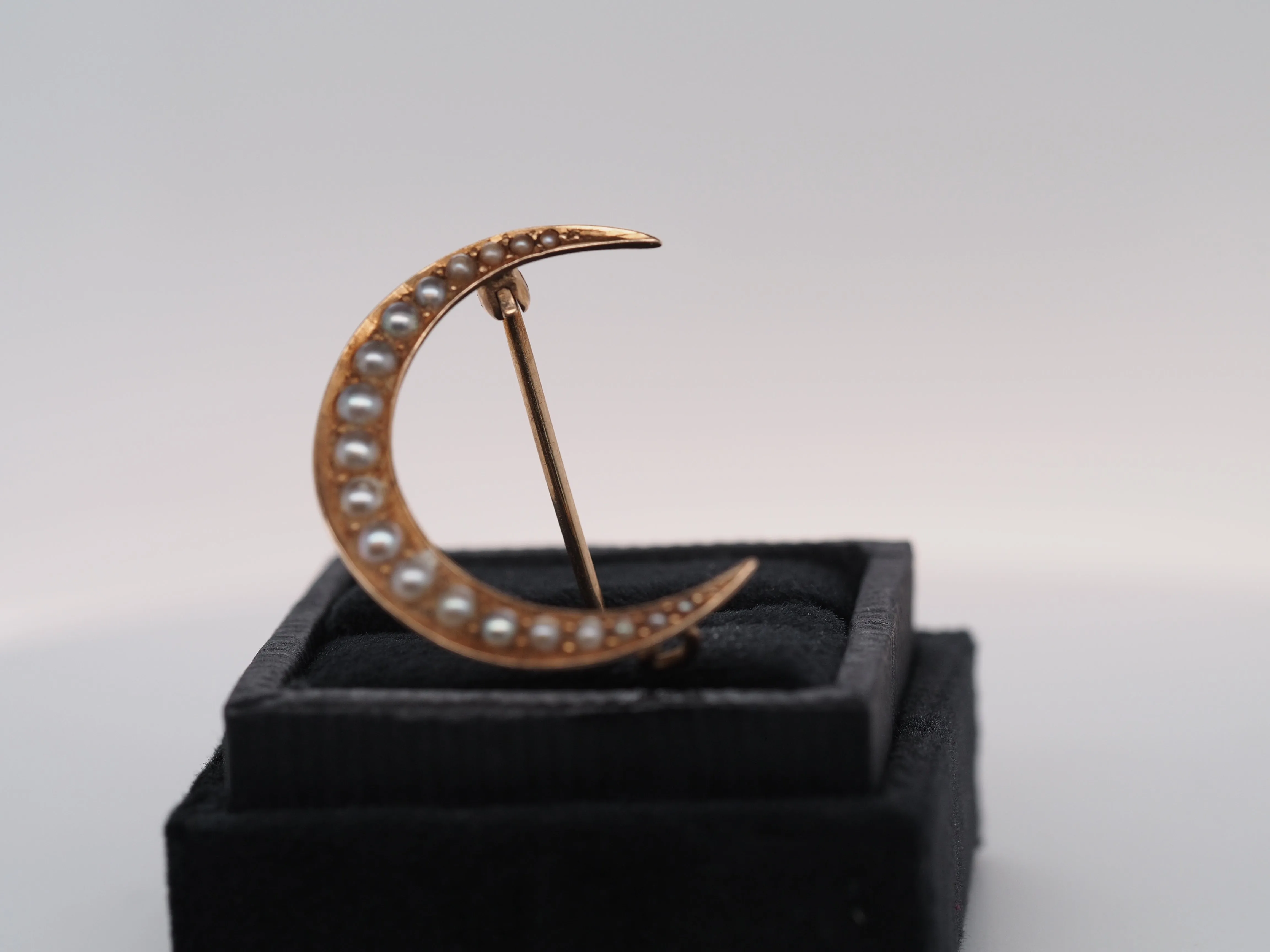 Circa 1920s “BIRKS” Pearl Crescent Moon Pin Brooch