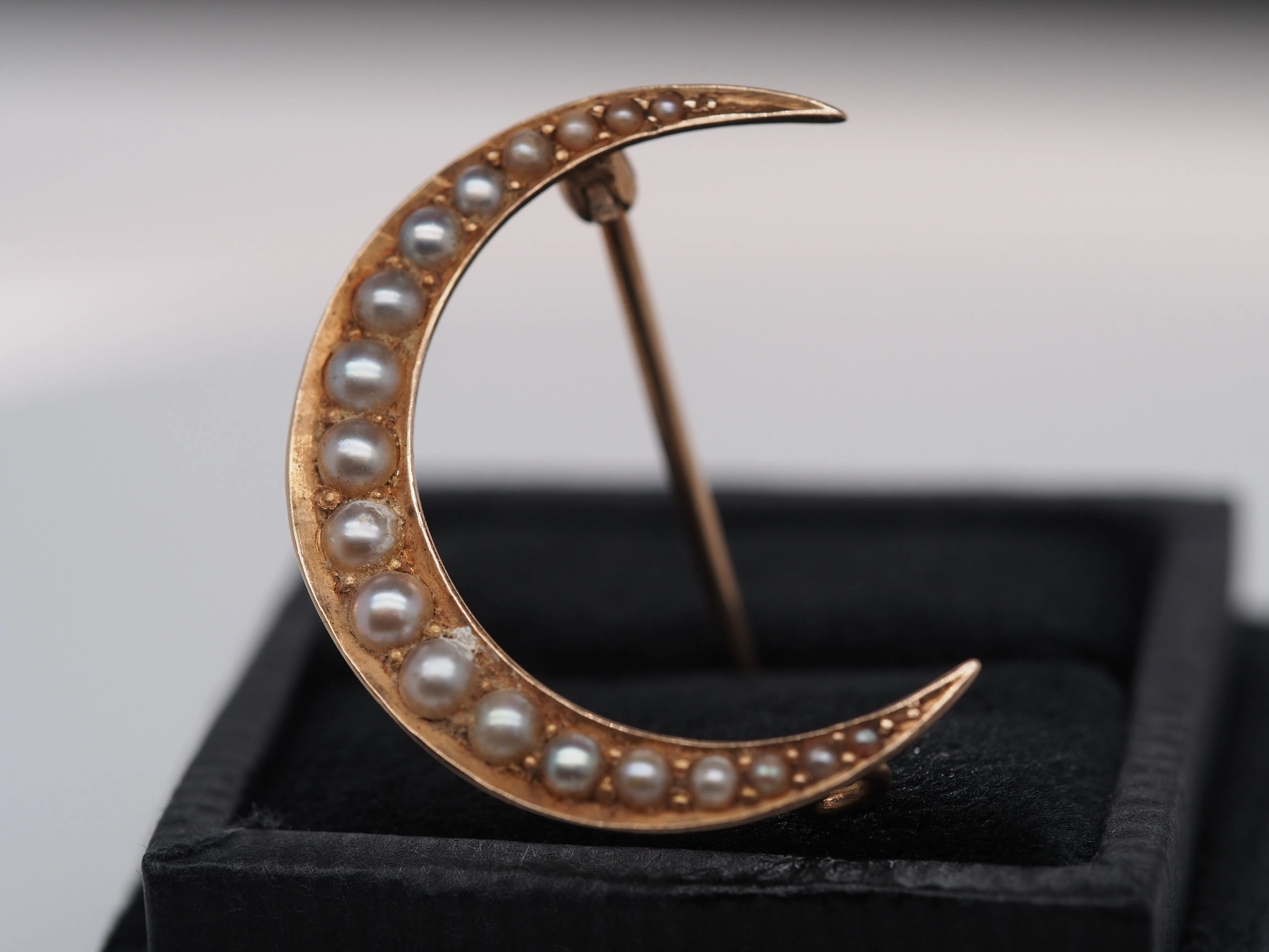Circa 1920s “BIRKS” Pearl Crescent Moon Pin Brooch