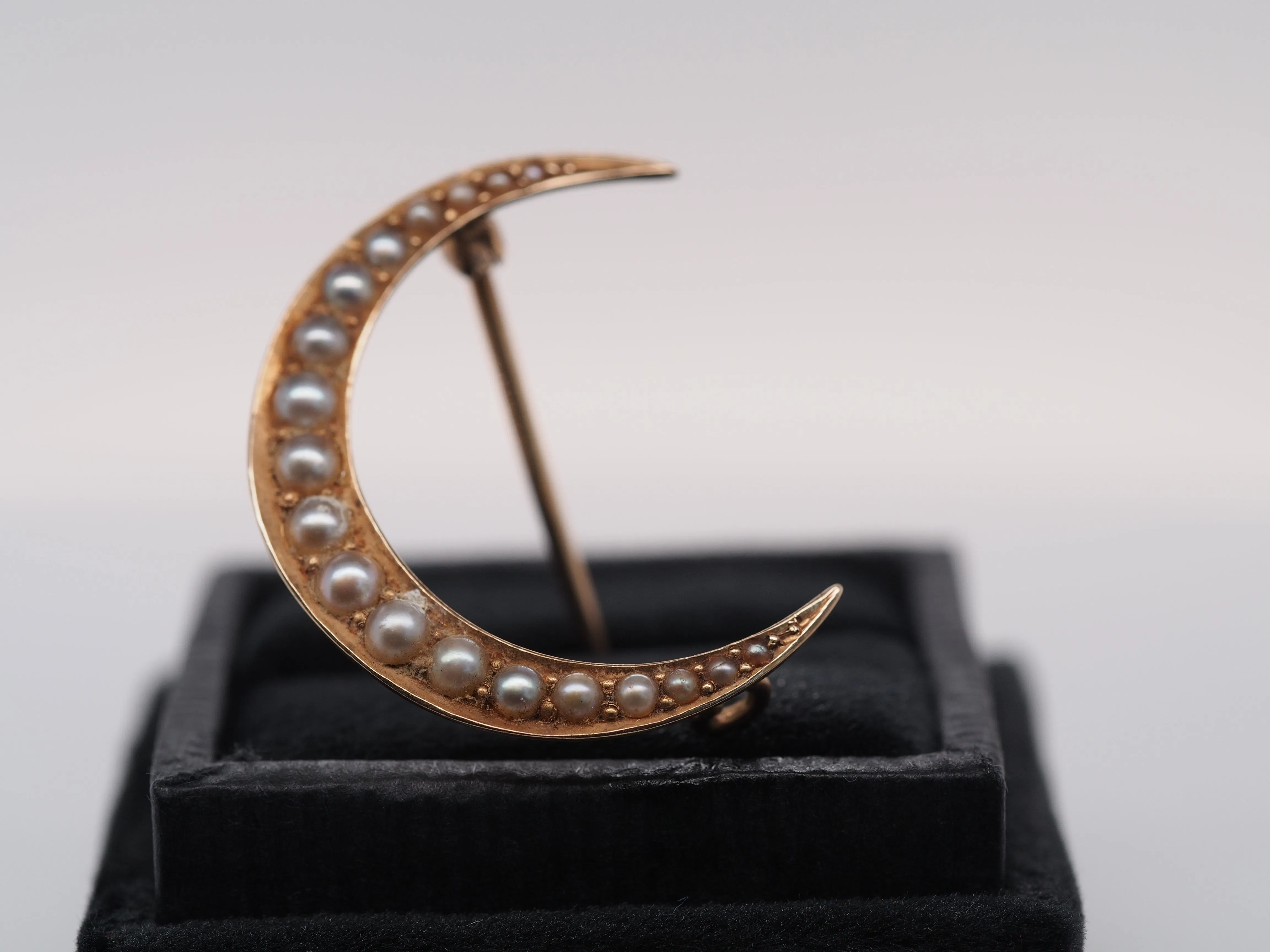 Circa 1920s “BIRKS” Pearl Crescent Moon Pin Brooch