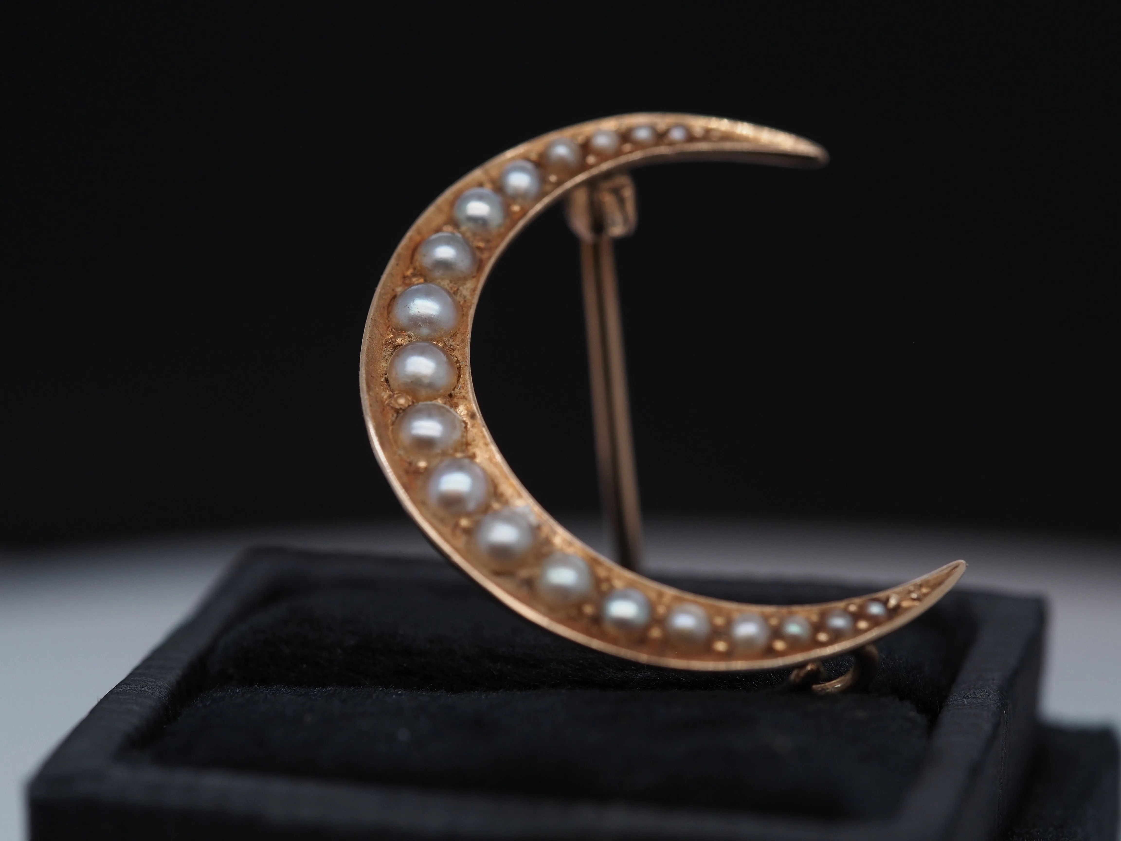 Circa 1920s “BIRKS” Pearl Crescent Moon Pin Brooch