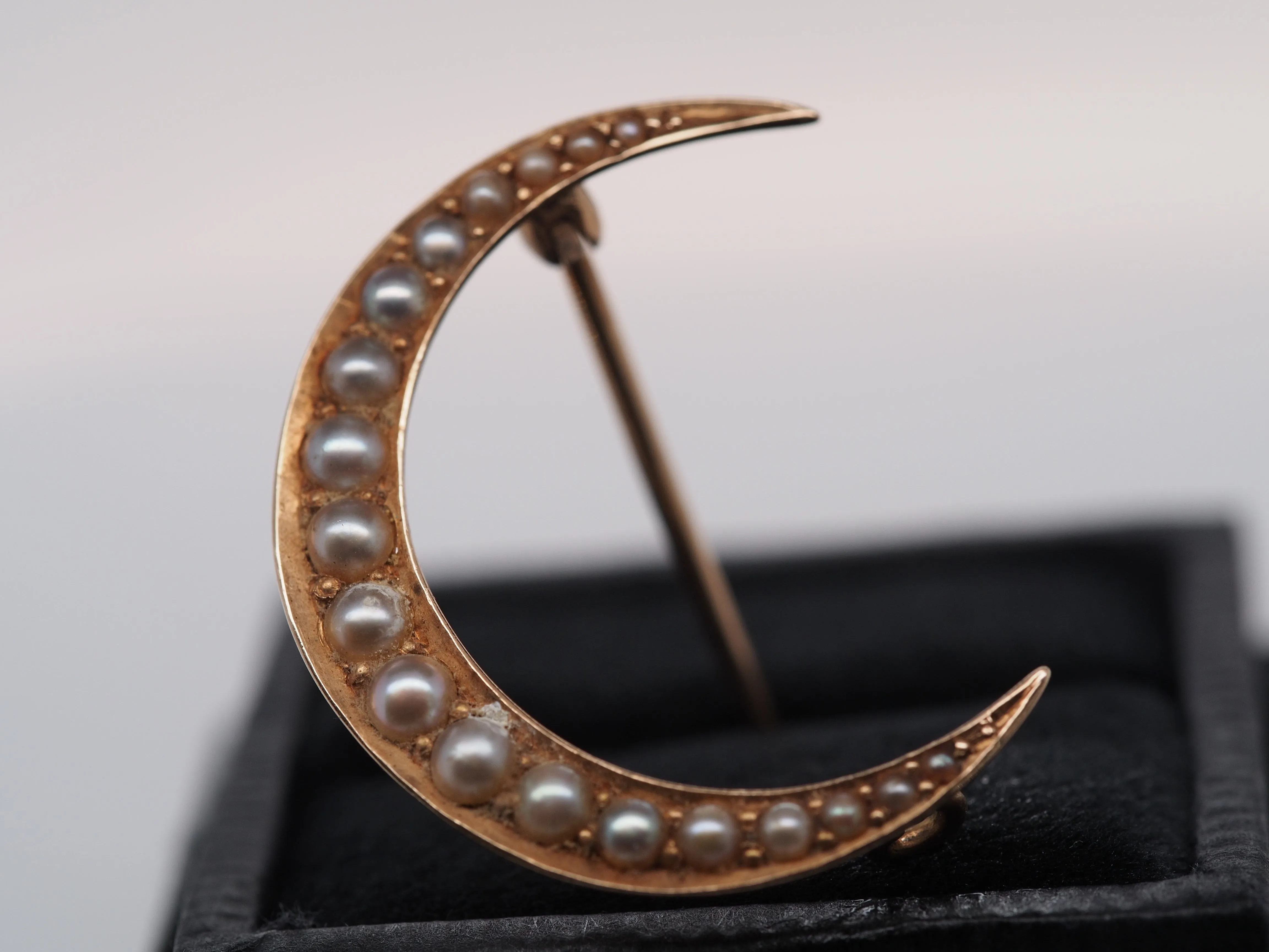 Circa 1920s “BIRKS” Pearl Crescent Moon Pin Brooch