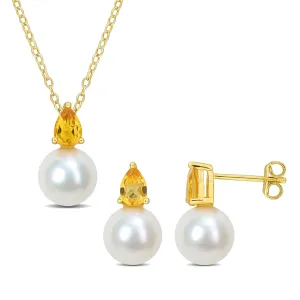Citrine and 8.5-9mm Cultured Freshwater Pearl Gold-Plated Necklace and Earring Set