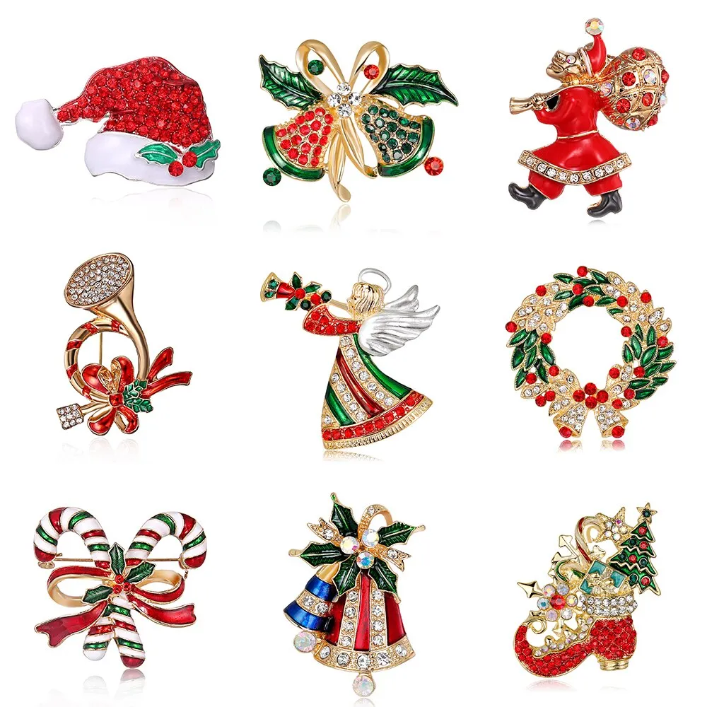 Classic Enamel Rhinestone Christmas Brooches Pins Christmas Santa Claus Christmas Trees Bells Socks Hat Boot Brooches Wholesale