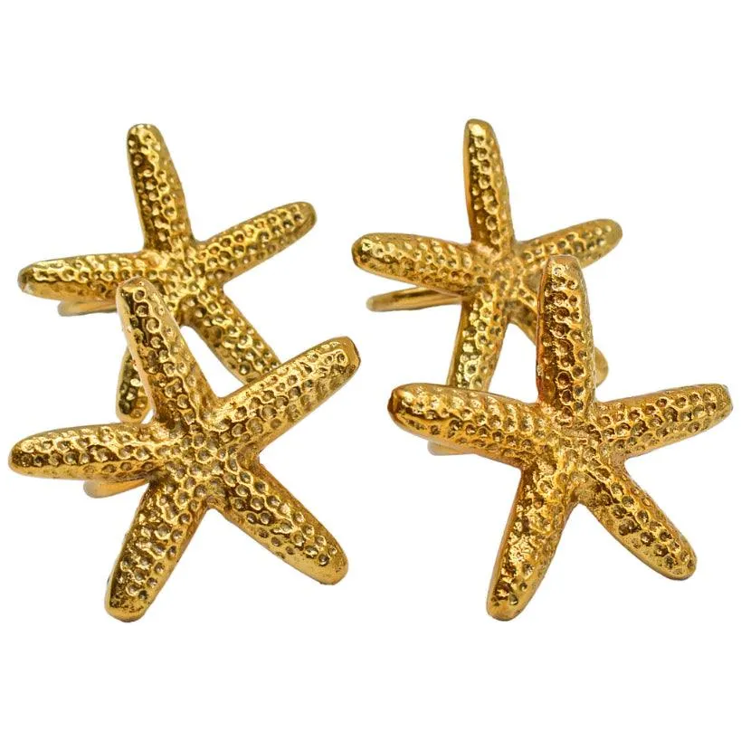 Coastal Elegance Napkin Ring Set - Ocean Starfish Stainless Steel in Gold or Silver (Set of 4)