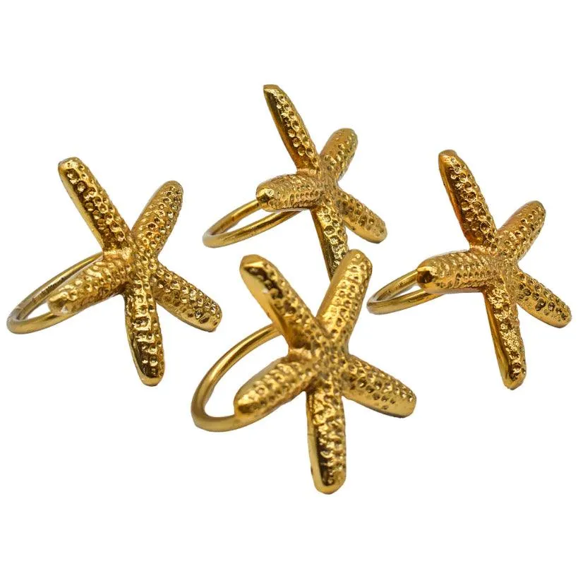 Coastal Elegance Napkin Ring Set - Ocean Starfish Stainless Steel in Gold or Silver (Set of 4)