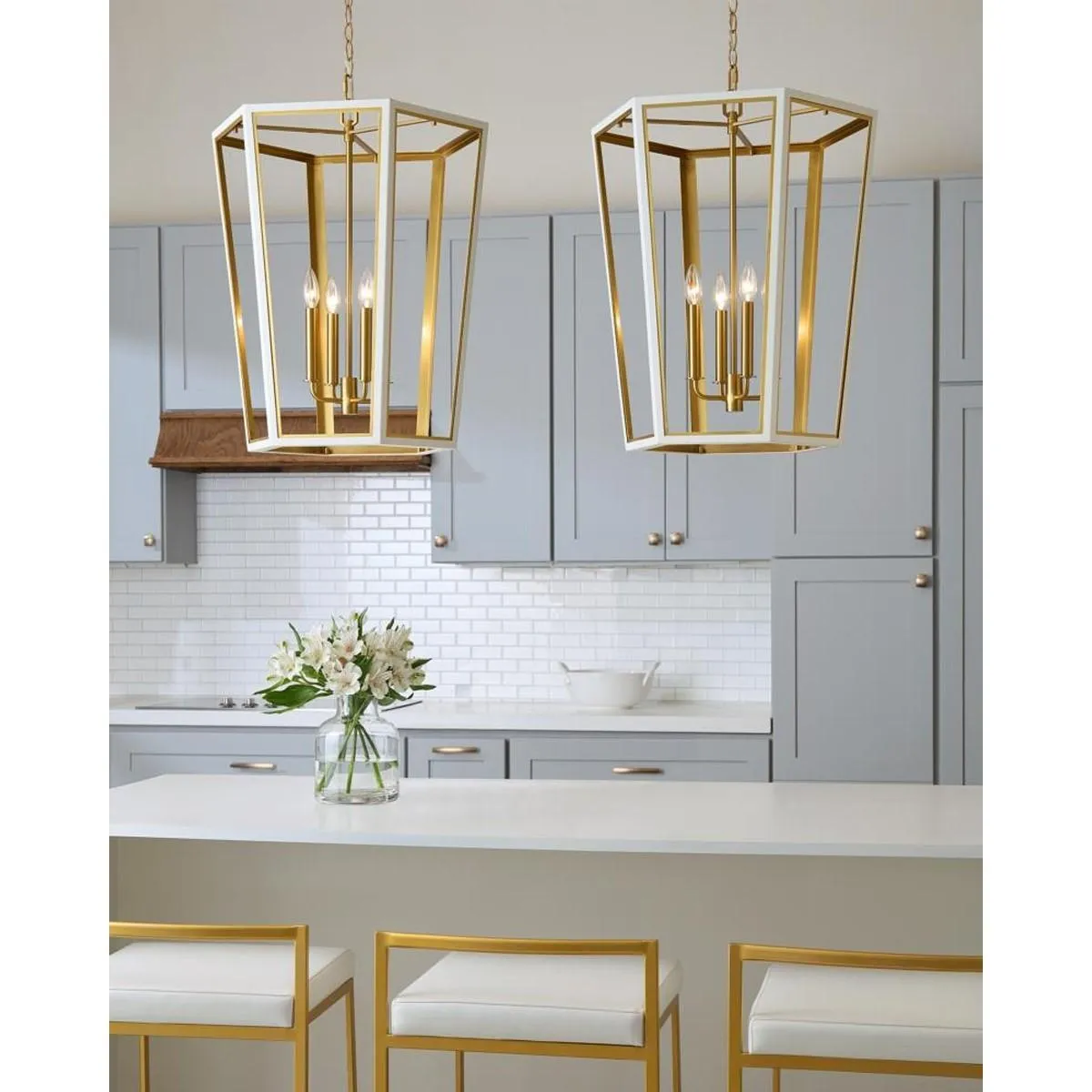 Curt 21 in. 4 Lights Pendant Light White & Brass Finish