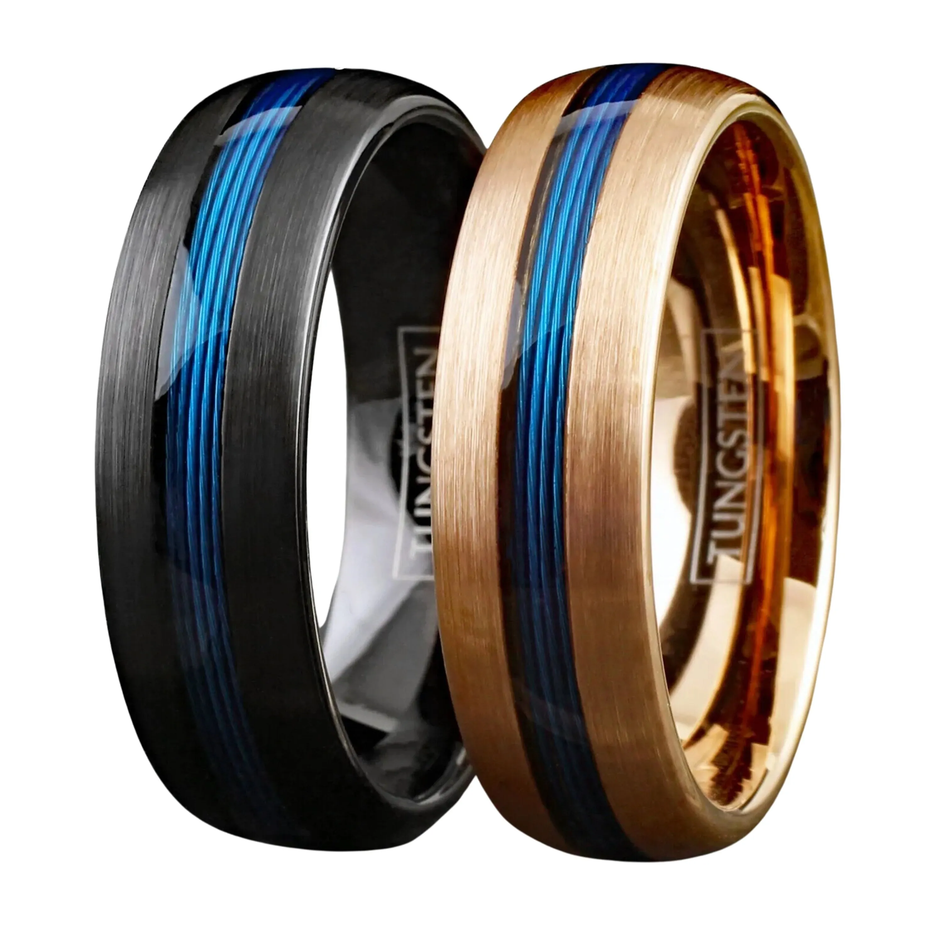 Customizable Dual Color Men’s Ring | 7mm Fishing Line Ring Band | Engravable Blue line Ornament | Gold and Black