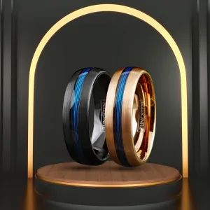Customizable Dual Color Men’s Ring | 7mm Fishing Line Ring Band | Engravable Blue line Ornament | Gold and Black