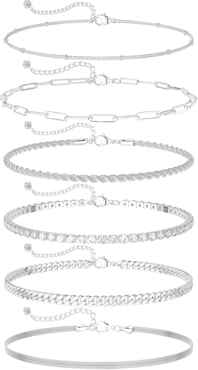 DEARMAY Dainty Silver Ankle Bracelets for Women Waterproof, S925 Sterling Silver Anklets Jewelry Layered Cuban Chain Herringbone Cute Anklets Set Pack Summer Beach Gift for Women Teen
