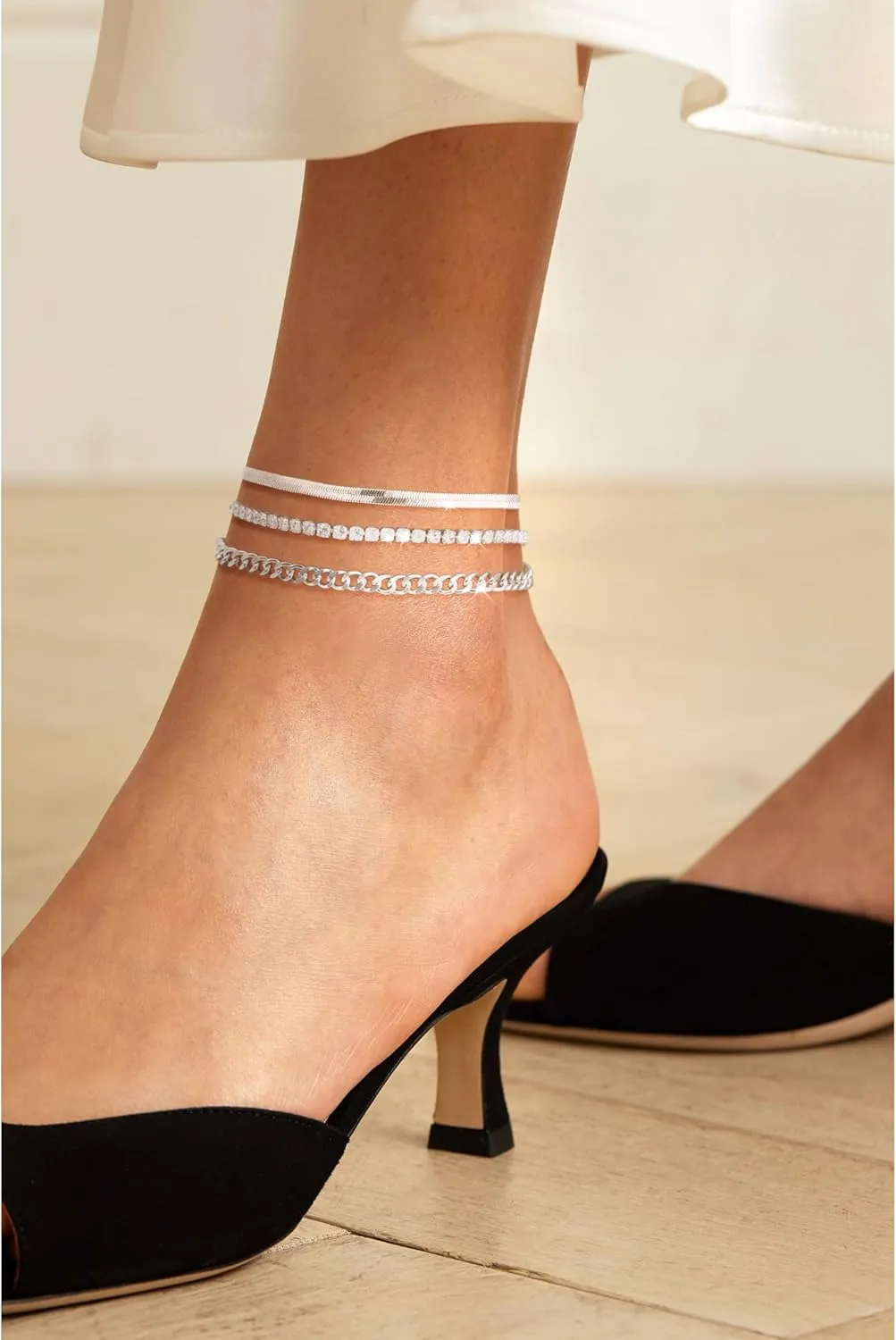 DEARMAY Dainty Silver Ankle Bracelets for Women Waterproof, S925 Sterling Silver Anklets Jewelry Layered Cuban Chain Herringbone Cute Anklets Set Pack Summer Beach Gift for Women Teen