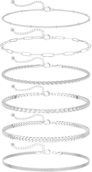 DEARMAY Dainty Silver Ankle Bracelets for Women Waterproof, S925 Sterling Silver Anklets Jewelry Layered Cuban Chain Herringbone Cute Anklets Set Pack Summer Beach Gift for Women Teen