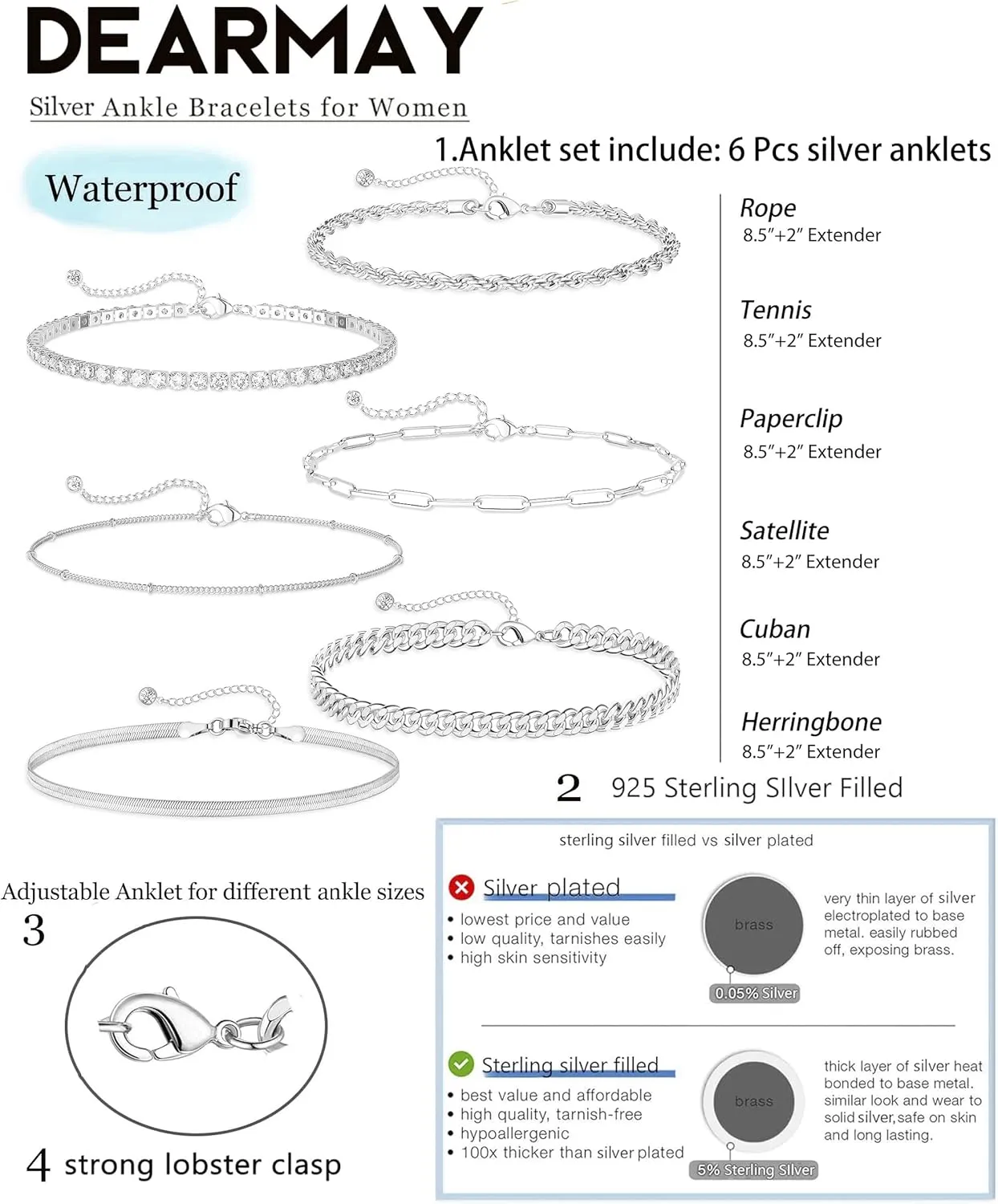 DEARMAY Dainty Silver Ankle Bracelets for Women Waterproof, S925 Sterling Silver Anklets Jewelry Layered Cuban Chain Herringbone Cute Anklets Set Pack Summer Beach Gift for Women Teen