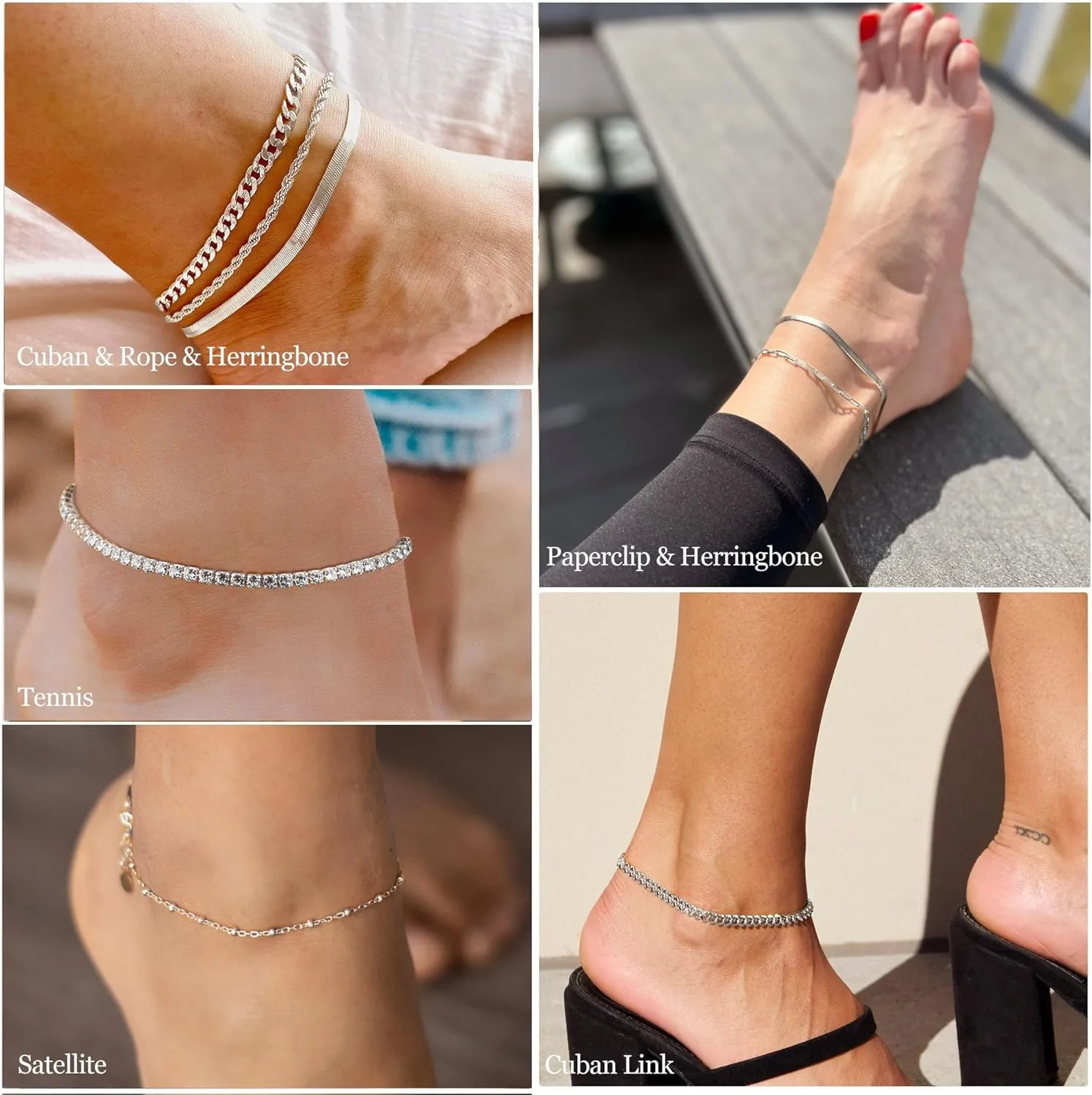 DEARMAY Dainty Silver Ankle Bracelets for Women Waterproof, S925 Sterling Silver Anklets Jewelry Layered Cuban Chain Herringbone Cute Anklets Set Pack Summer Beach Gift for Women Teen