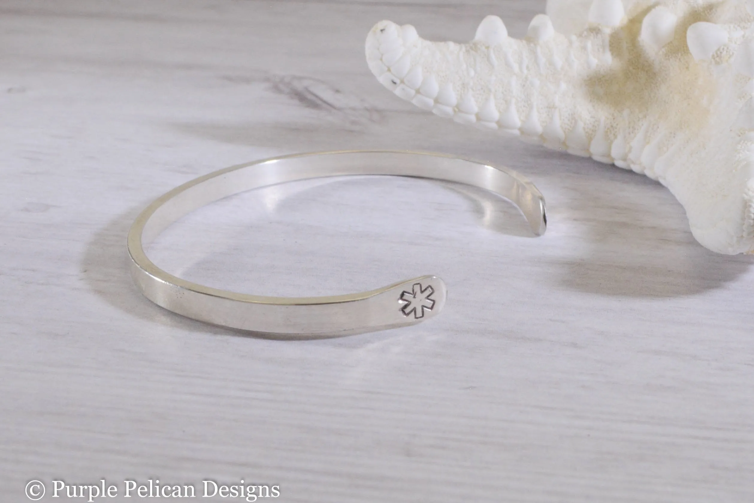 Diabetic Medical Alert Reverse Cuff Bracelet in Solid Sterling Silver or Gold