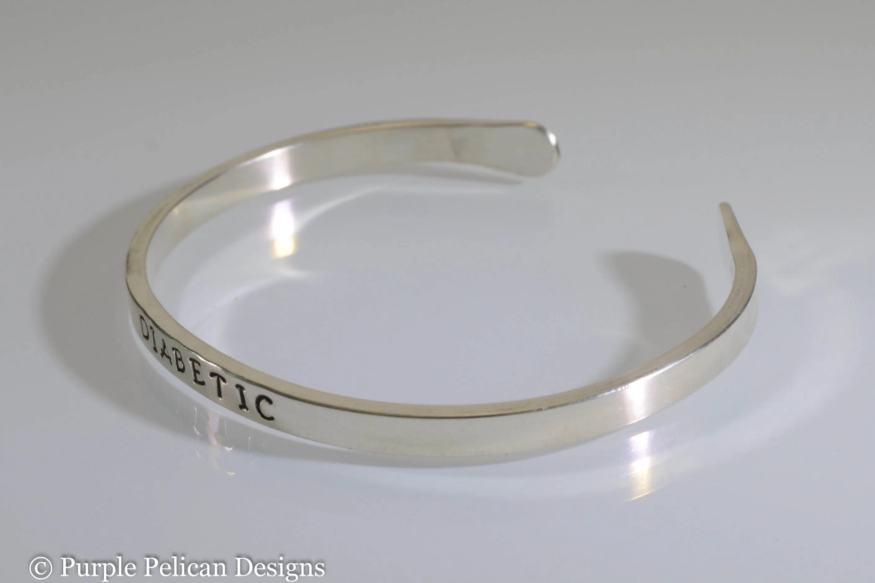 Diabetic Medical Alert Reverse Cuff Bracelet in Solid Sterling Silver or Gold