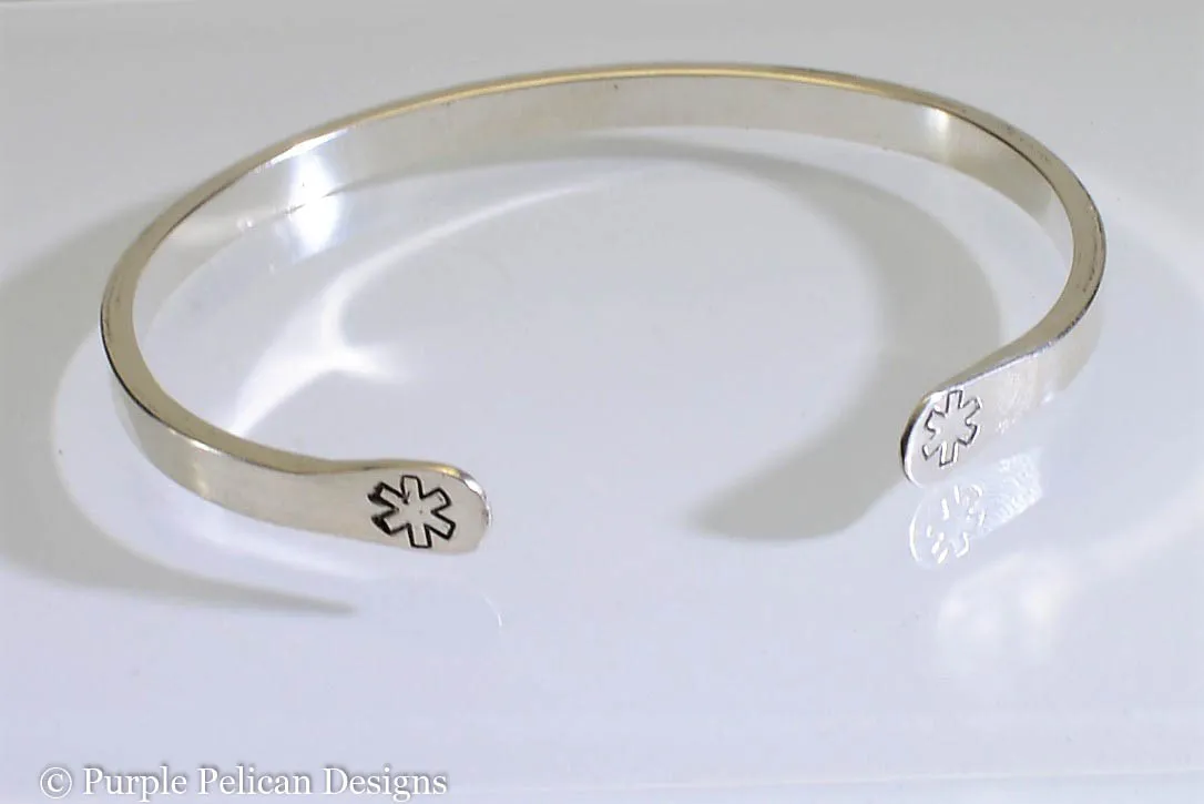 Diabetic Medical Alert Reverse Cuff Bracelet in Solid Sterling Silver or Gold