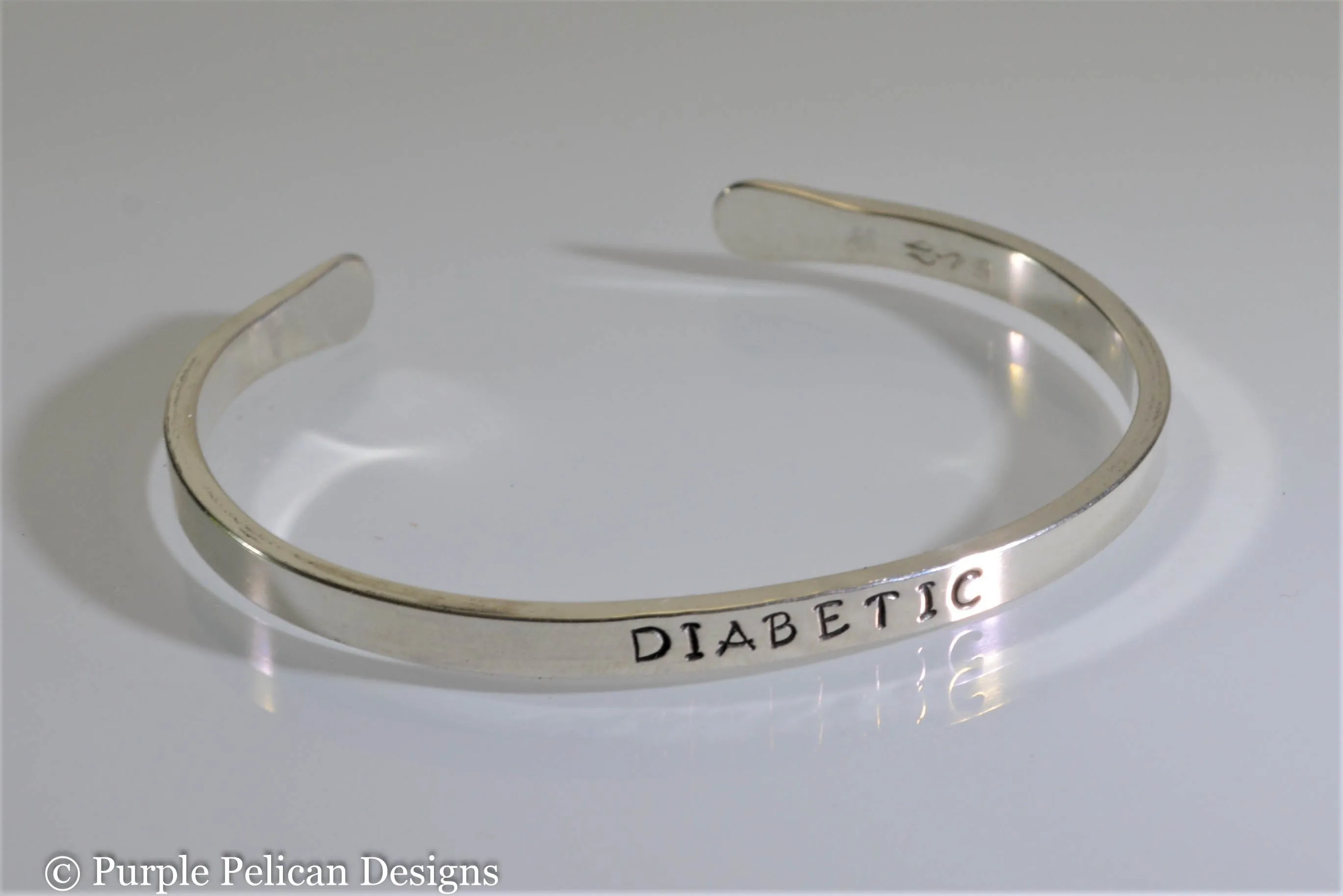 Diabetic Medical Alert Reverse Cuff Bracelet in Solid Sterling Silver or Gold