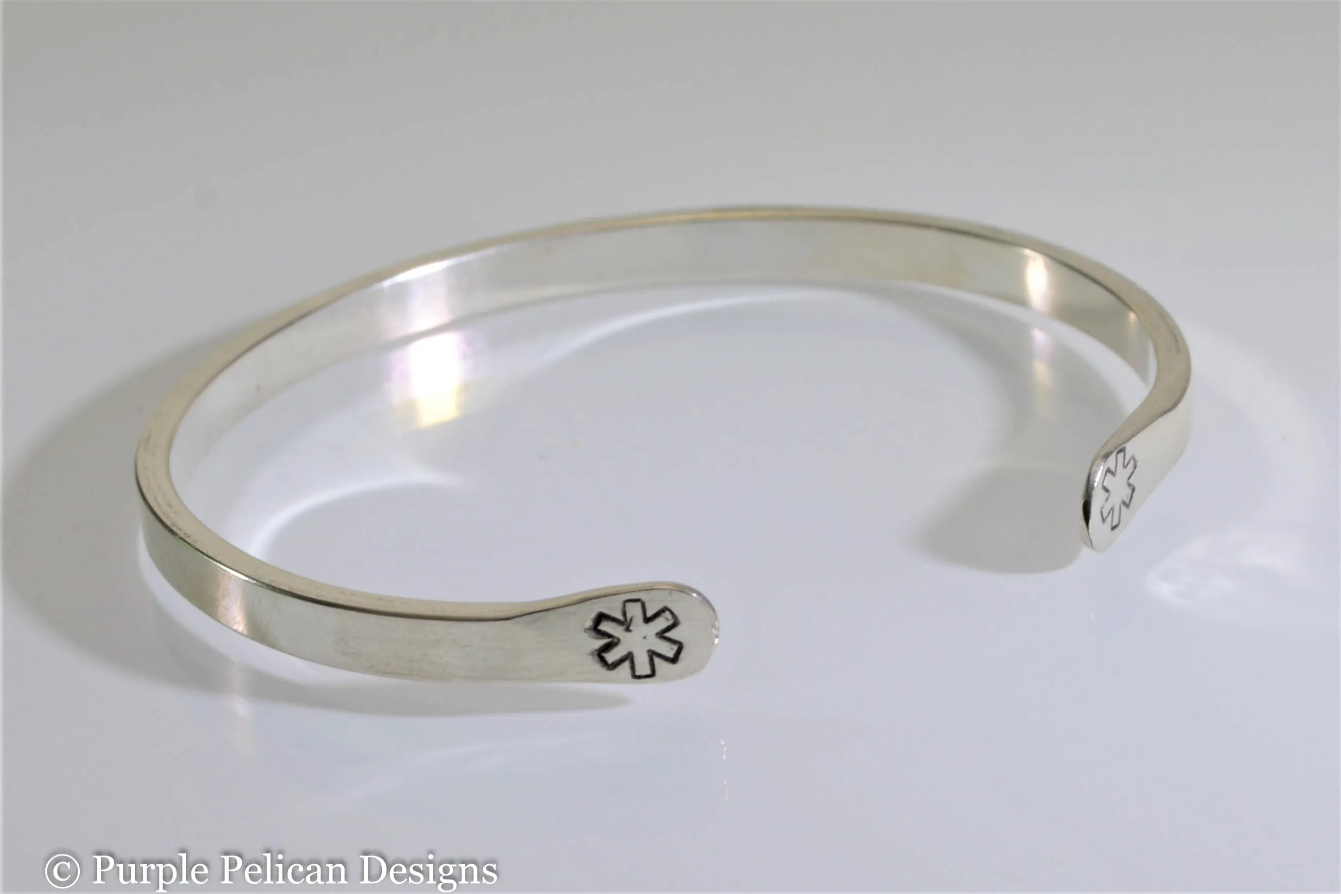 Diabetic Medical Alert Reverse Cuff Bracelet in Solid Sterling Silver or Gold