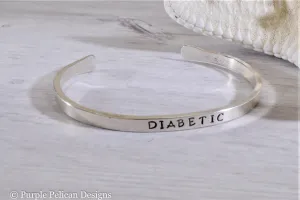 Diabetic Medical Alert Reverse Cuff Bracelet in Solid Sterling Silver or Gold