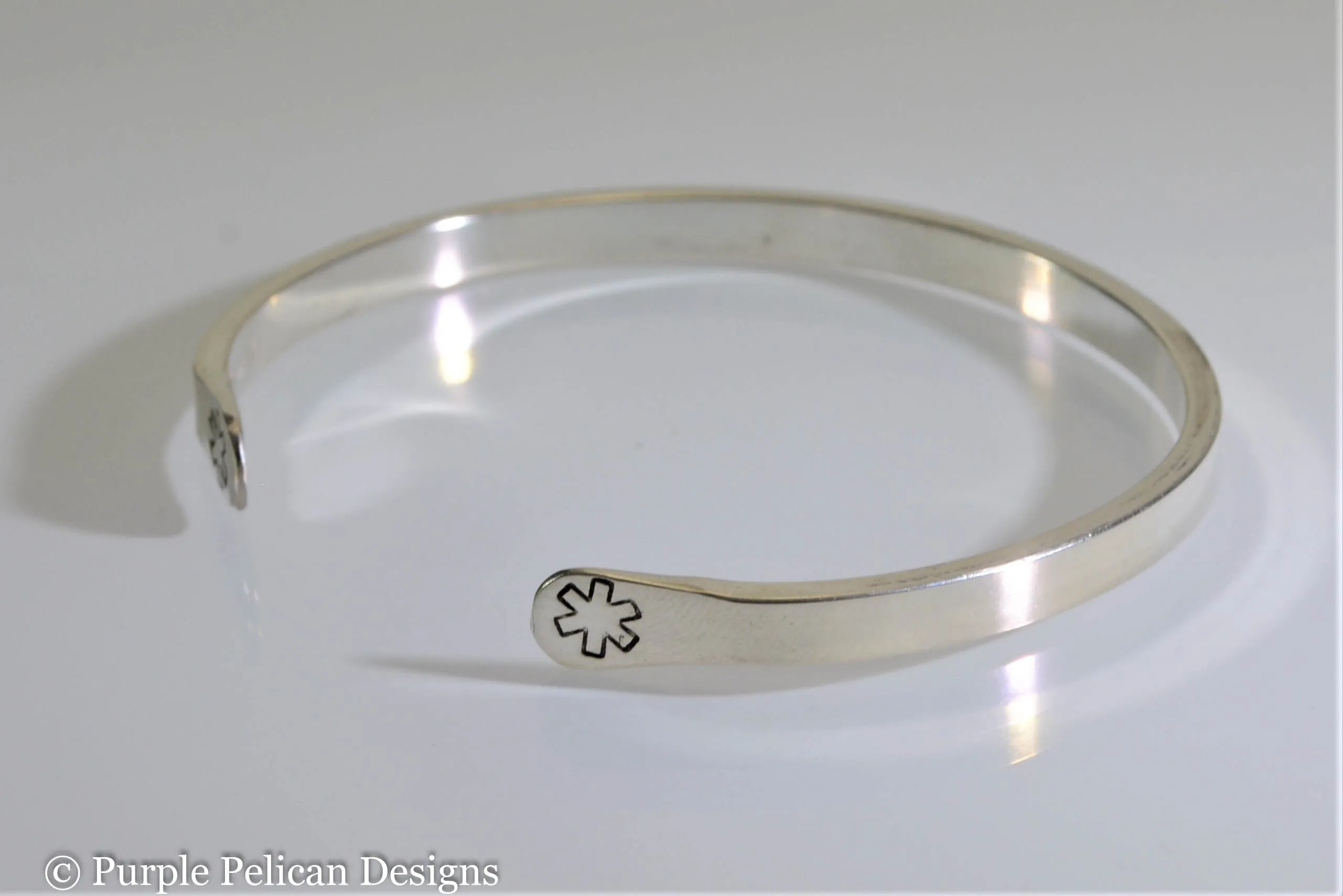 Diabetic Medical Alert Reverse Cuff Bracelet in Solid Sterling Silver or Gold