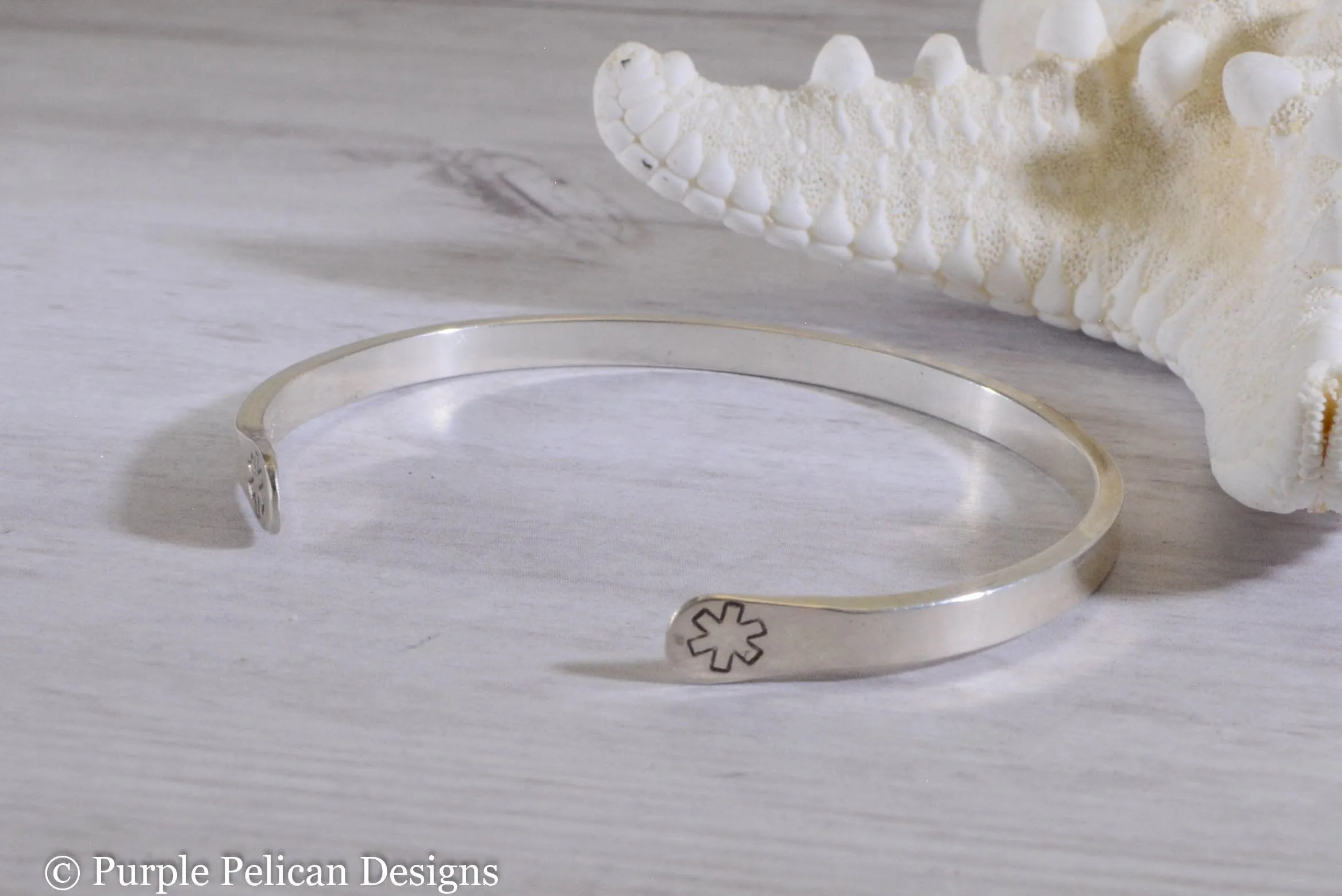Diabetic Medical Alert Reverse Cuff Bracelet in Solid Sterling Silver or Gold