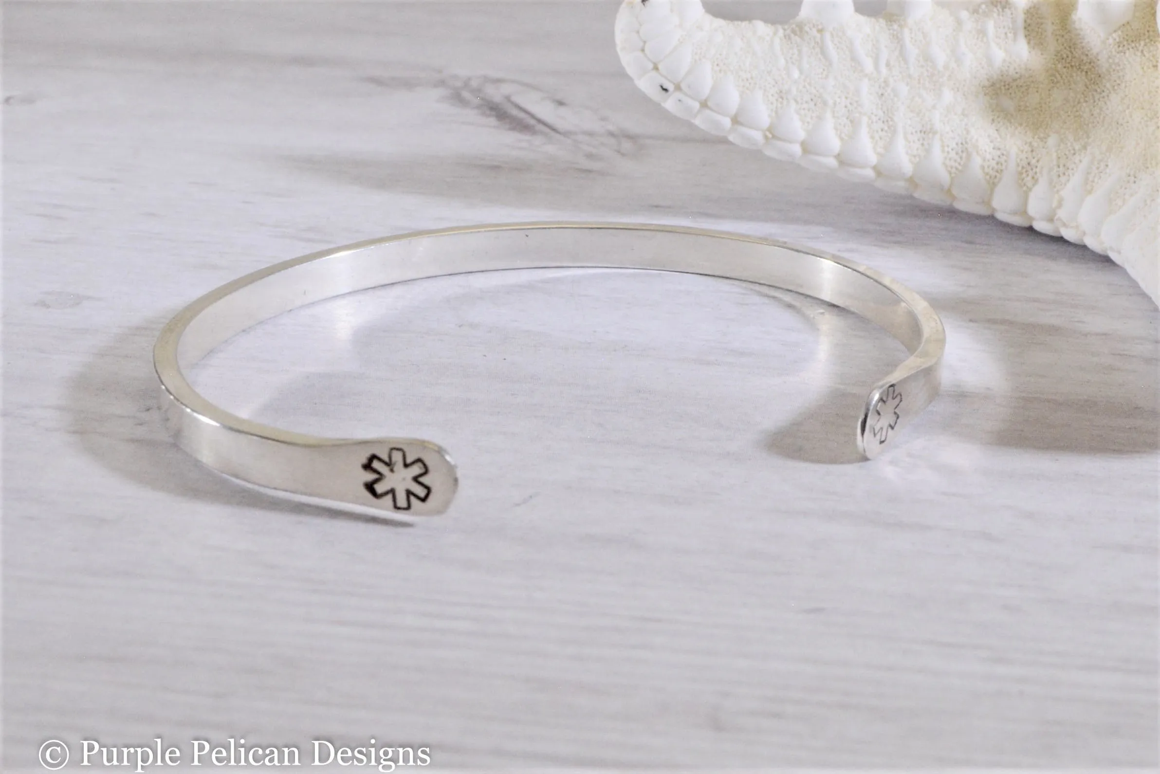 Diabetic Medical Alert Reverse Cuff Bracelet in Solid Sterling Silver or Gold