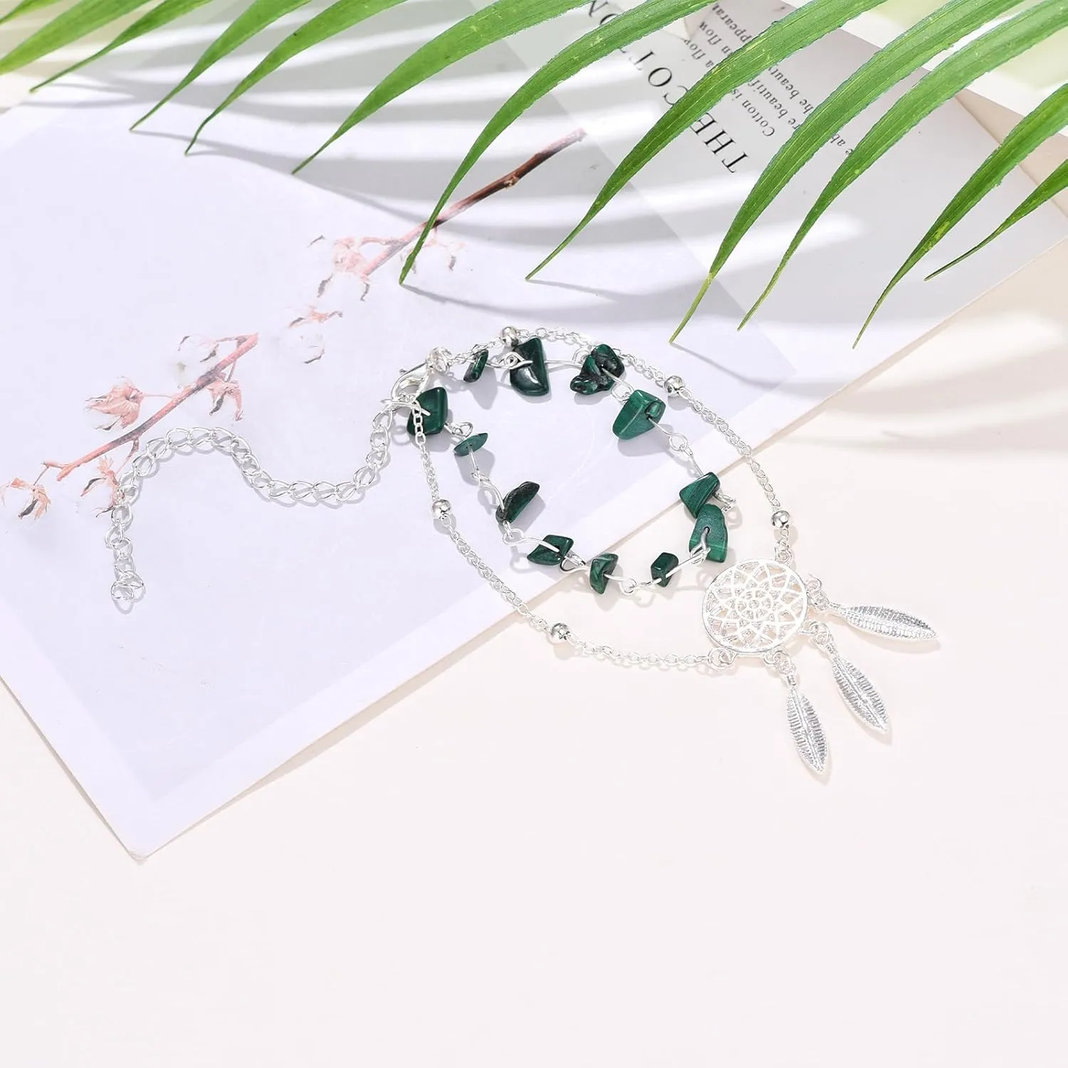 Dream Catcher/Dainty/Flower Bracelet Natural Stone Turquoise/Malachite/Moonstone Bracelet 6 2in Link Chain Dreamcatcher Jewelry Gifts for Women