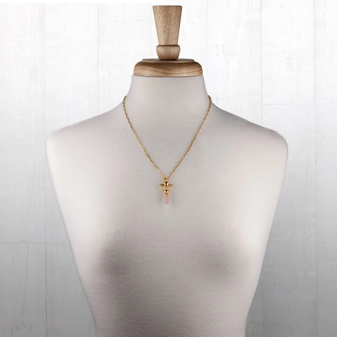 Droplette - Snaffle Horse Bit Rose Quartz Gemstone and 14K Gold on Sterling Silver Necklace