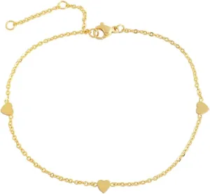Edforce Stainless Steel Women Girls 3 Small Heart Charms Anklet Bracelet Foot Jewelry, 8.5" 2" Extender