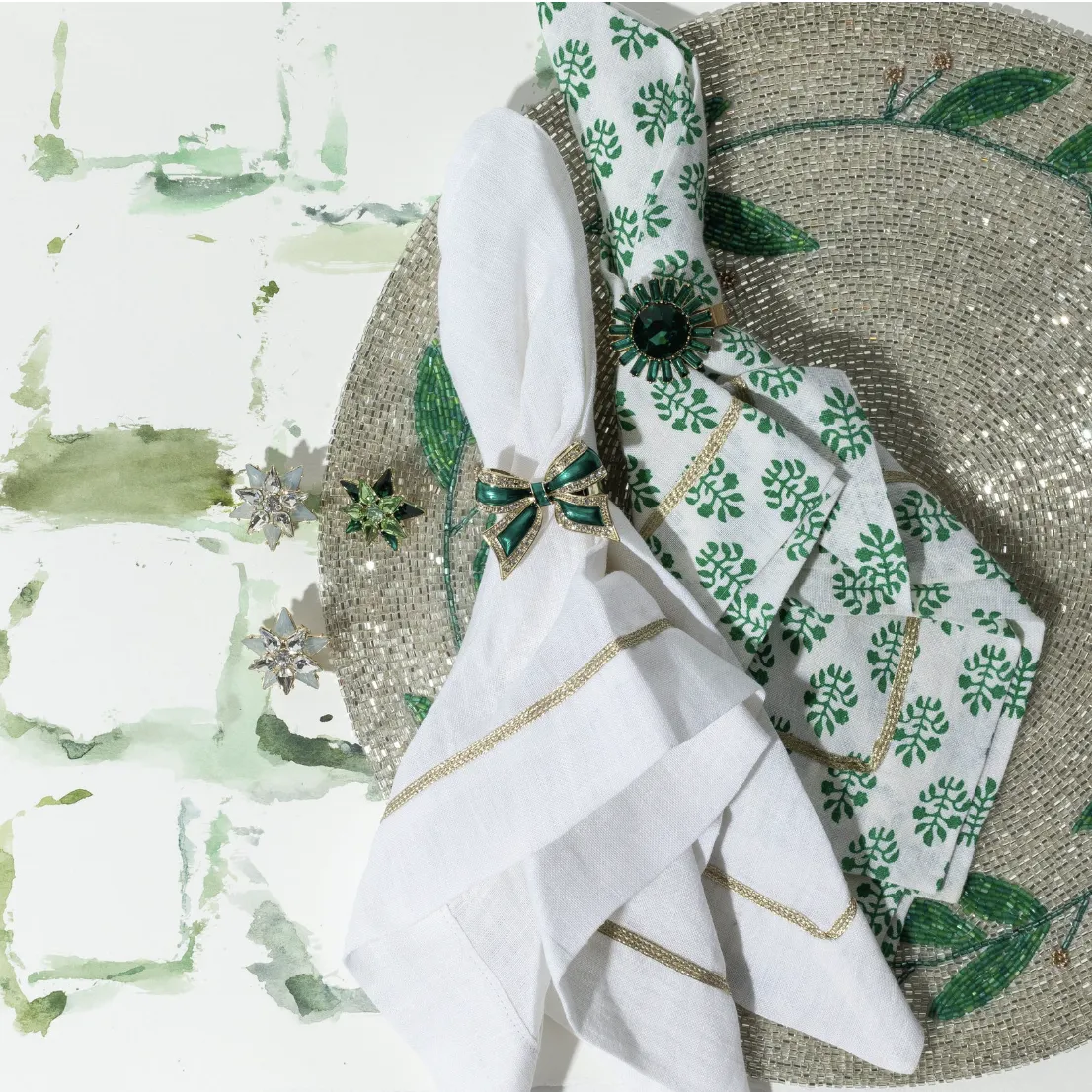 Enamel bow skinny napkin rings, green, set of four
