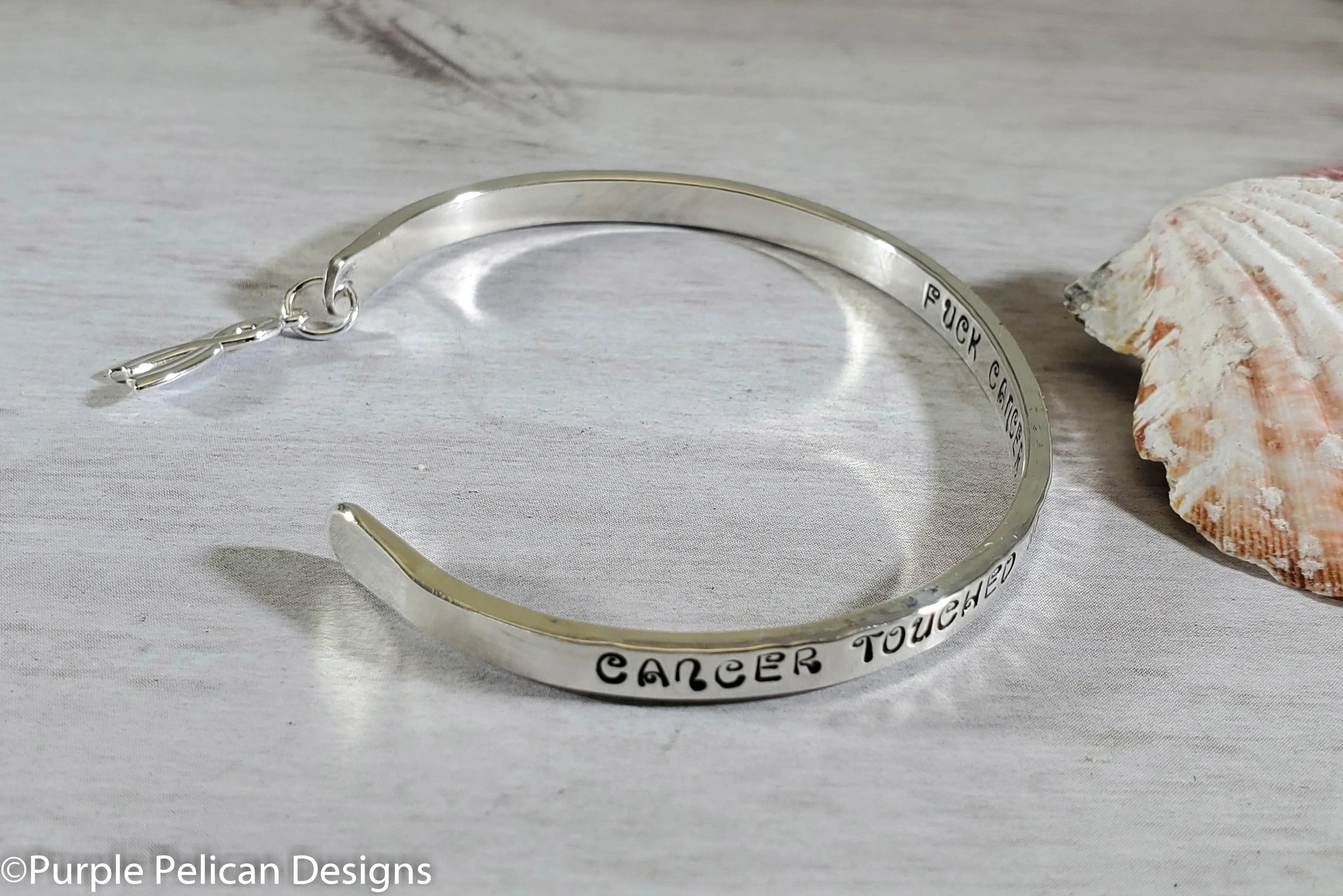 F--K Cancer Solid Gold or Sterling Silver Reverse Cuff Cancer Touched My Booby So I Kicked Cancer's Booty
