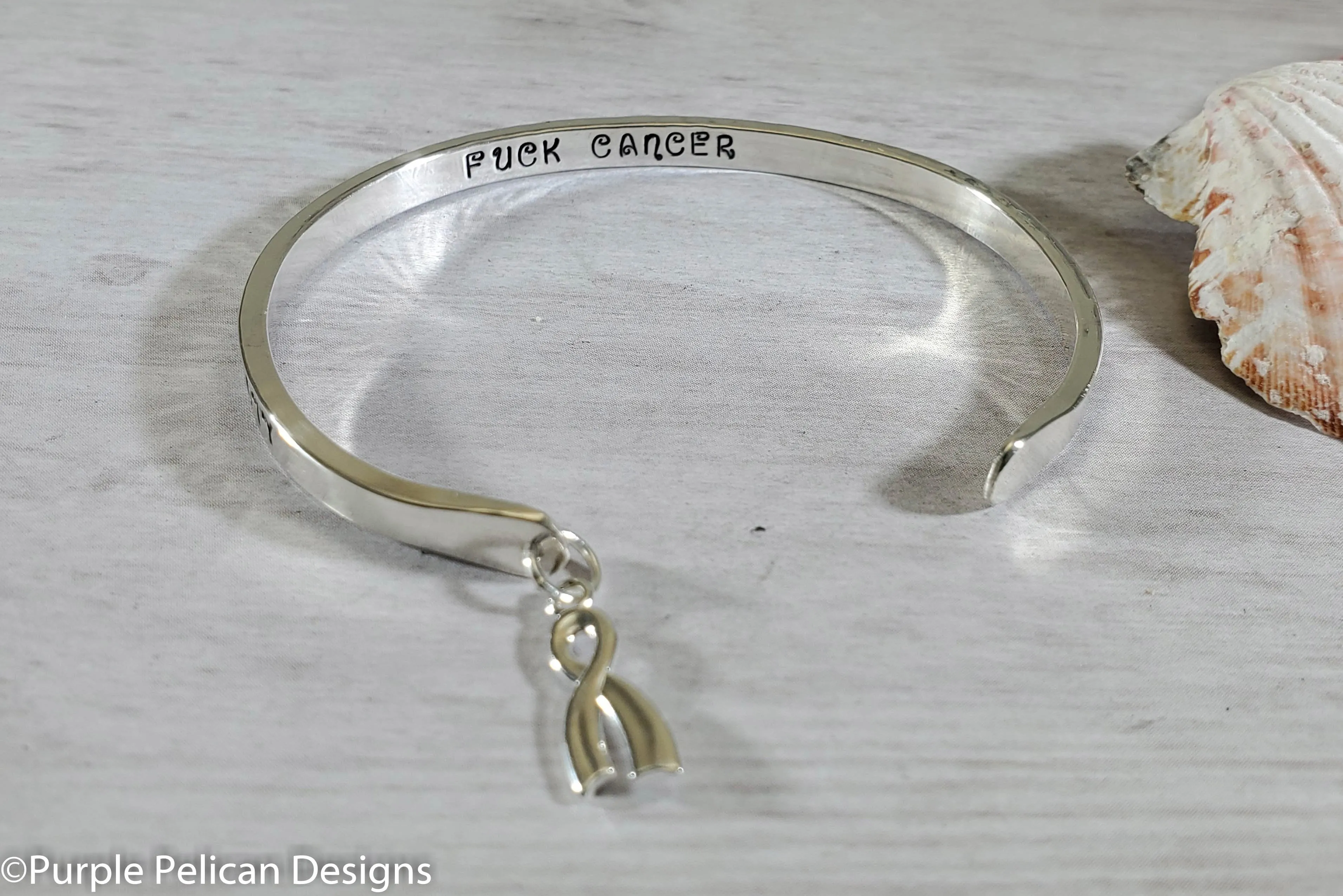 F--K Cancer Solid Gold or Sterling Silver Reverse Cuff Cancer Touched My Booby So I Kicked Cancer's Booty