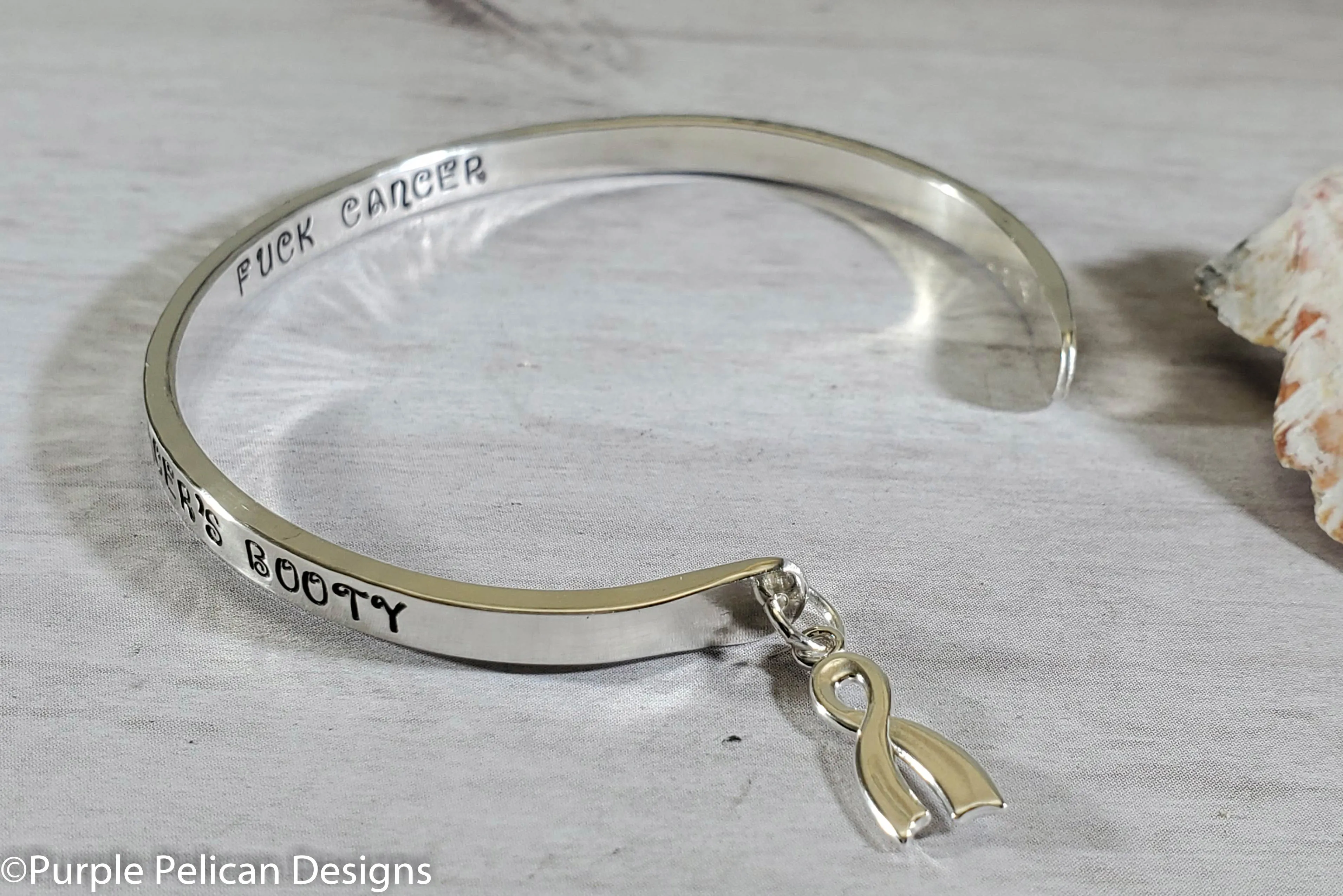 F--K Cancer Solid Gold or Sterling Silver Reverse Cuff Cancer Touched My Booby So I Kicked Cancer's Booty