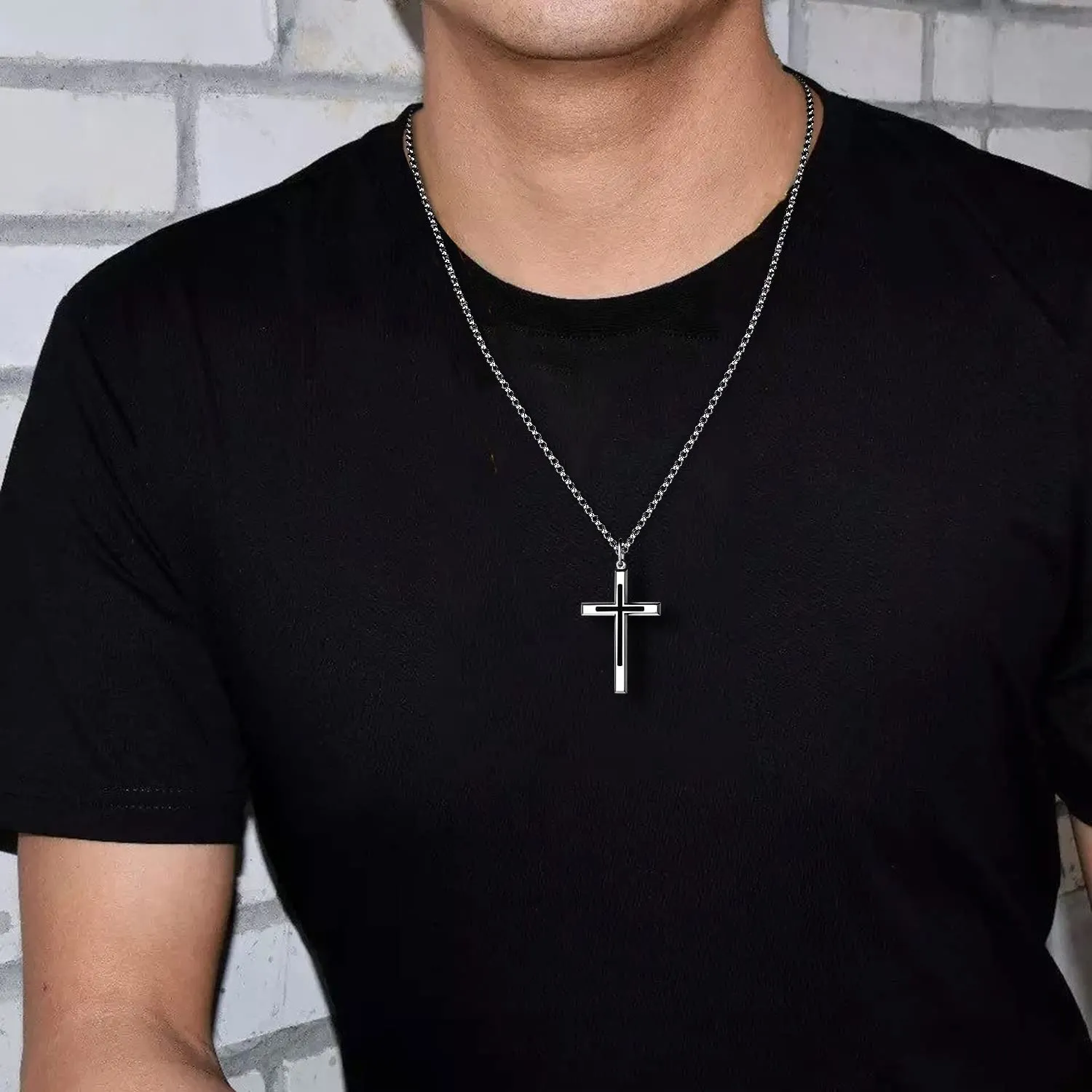FANCIME Mens Black Highlight Cross 925 Silver Necklace