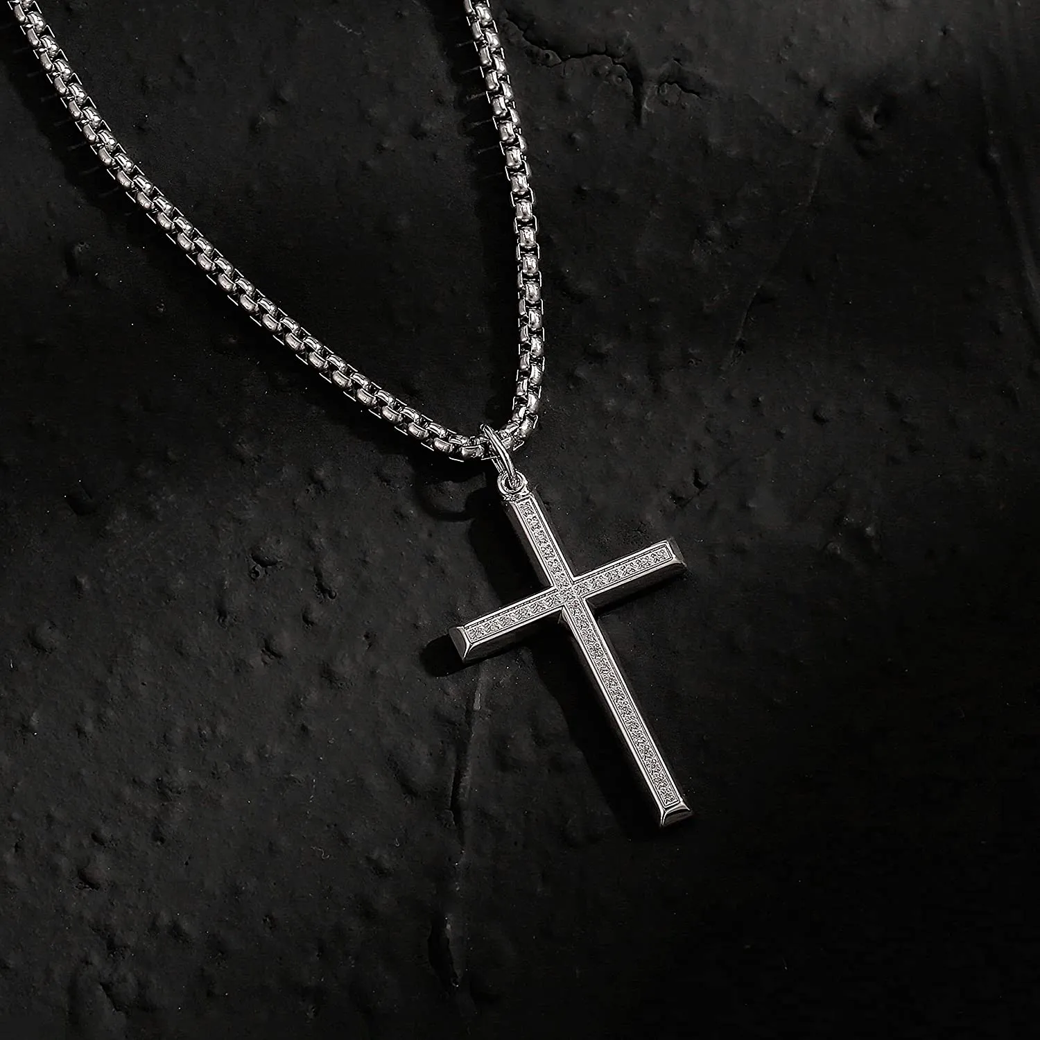 FANCIME Mens Box Chain Beveled Cross 925 Silver Necklace