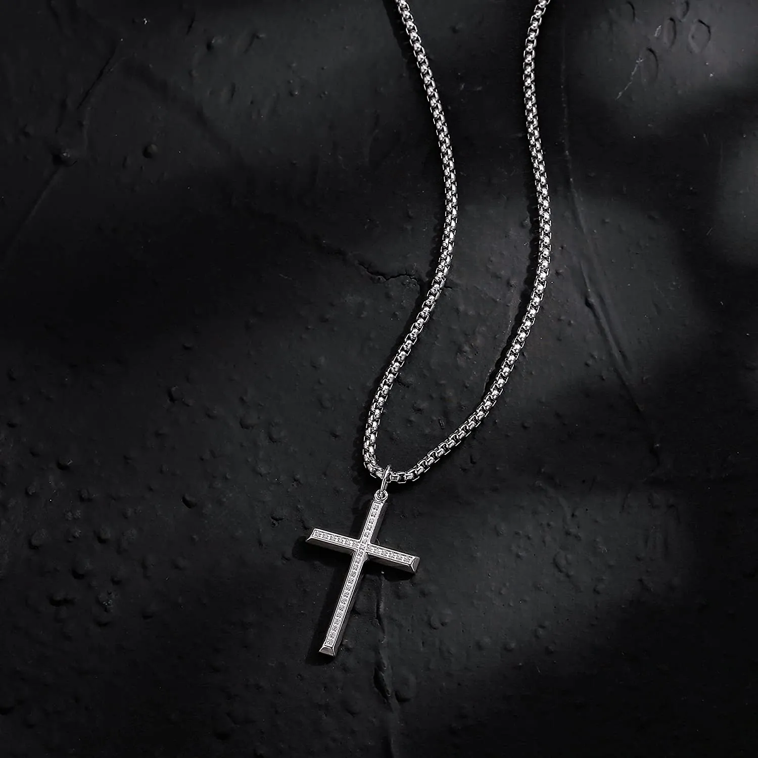 FANCIME Mens Box Chain Beveled Cross 925 Silver Necklace