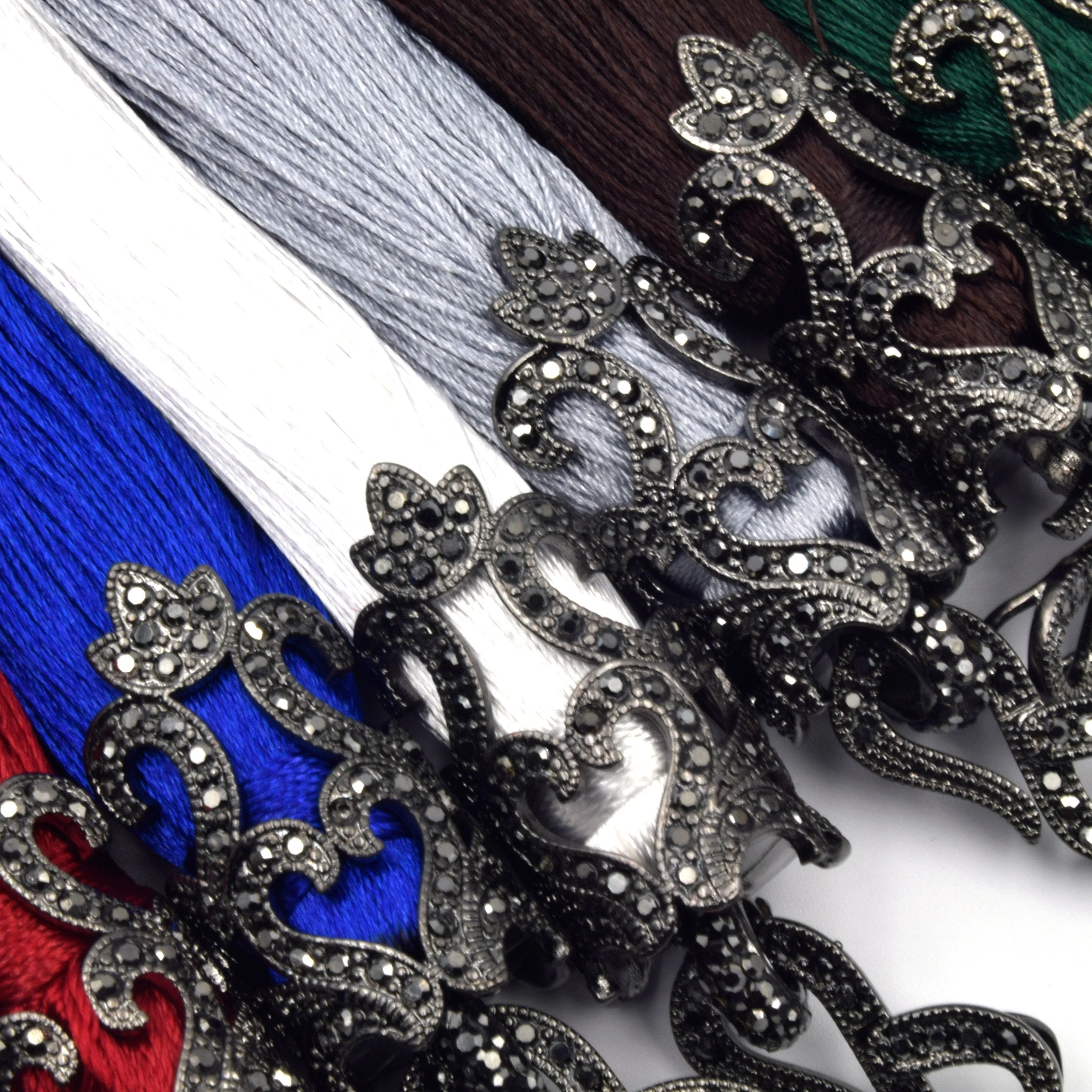 Fancy Capped Tassel | Gunmetal Pave CZ Cap Tassel Silk/Polyester Threaded | Red Blue Green Grey Pink Purple Tassel Pendants