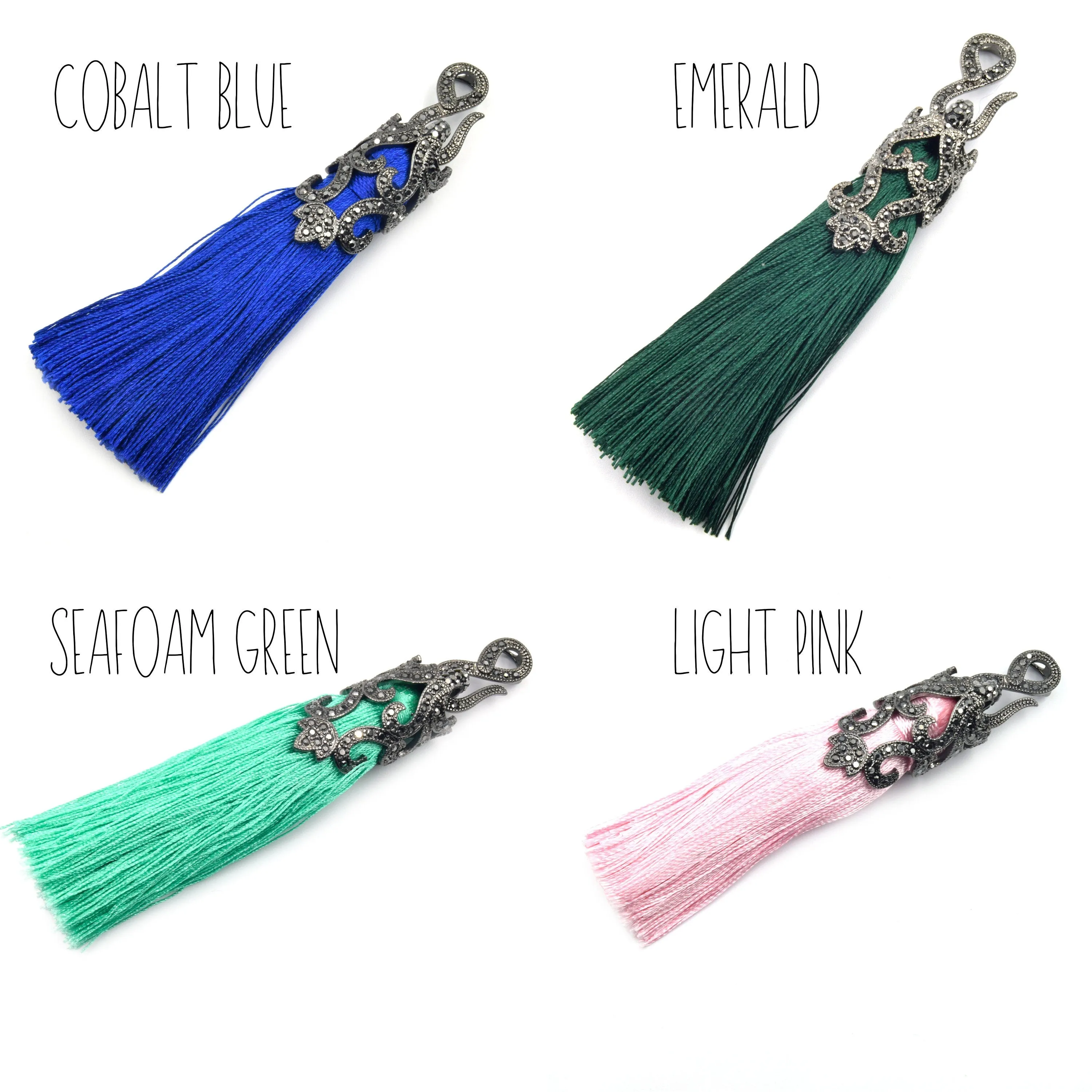 Fancy Capped Tassel | Gunmetal Pave CZ Cap Tassel Silk/Polyester Threaded | Red Blue Green Grey Pink Purple Tassel Pendants