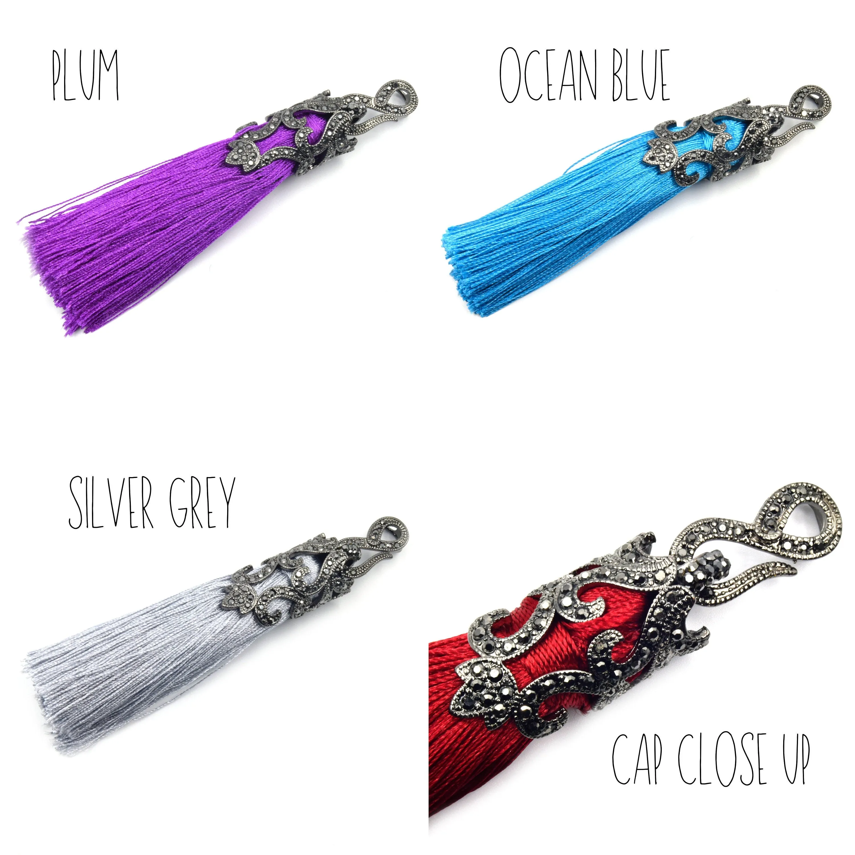 Fancy Capped Tassel | Gunmetal Pave CZ Cap Tassel Silk/Polyester Threaded | Red Blue Green Grey Pink Purple Tassel Pendants