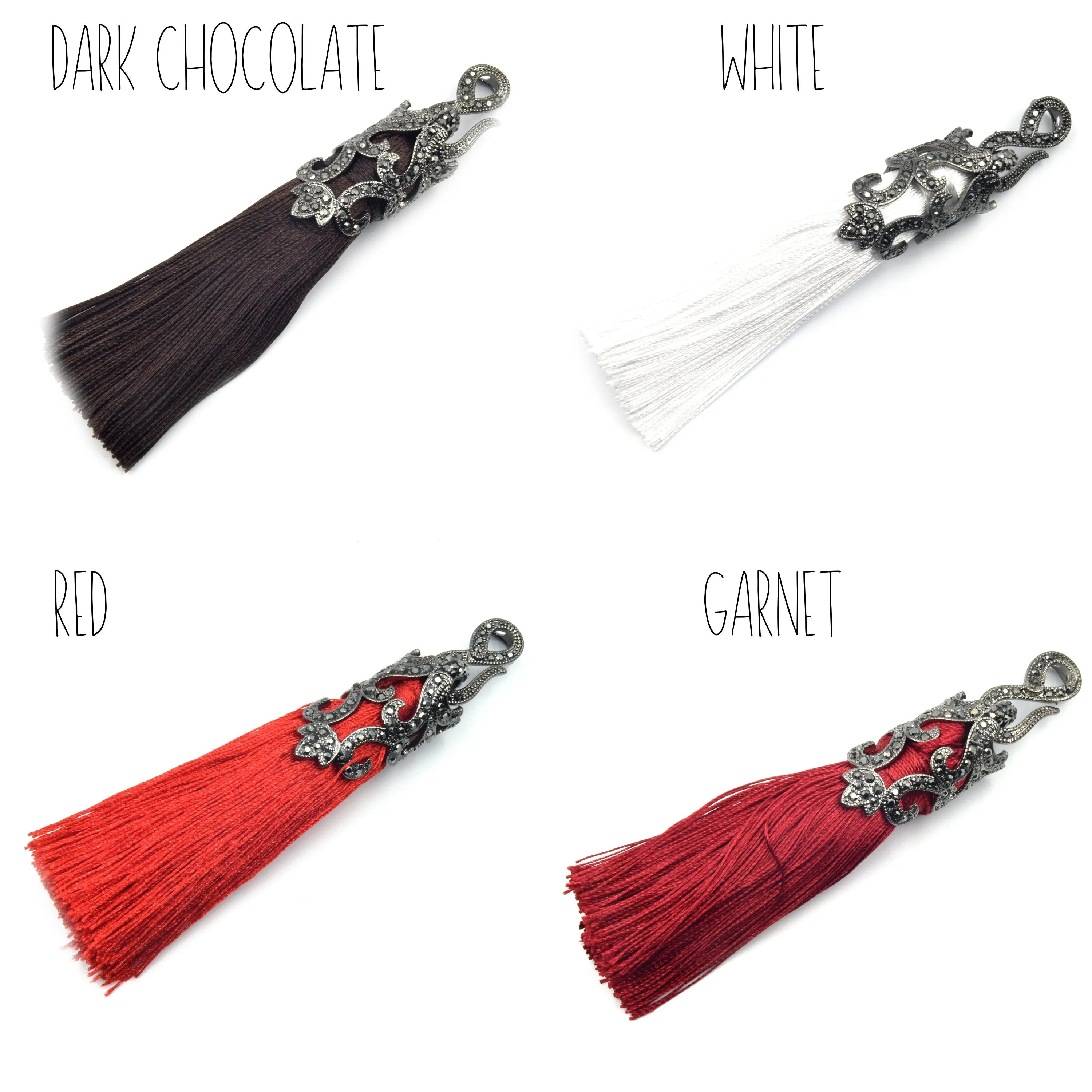 Fancy Capped Tassel | Gunmetal Pave CZ Cap Tassel Silk/Polyester Threaded | Red Blue Green Grey Pink Purple Tassel Pendants
