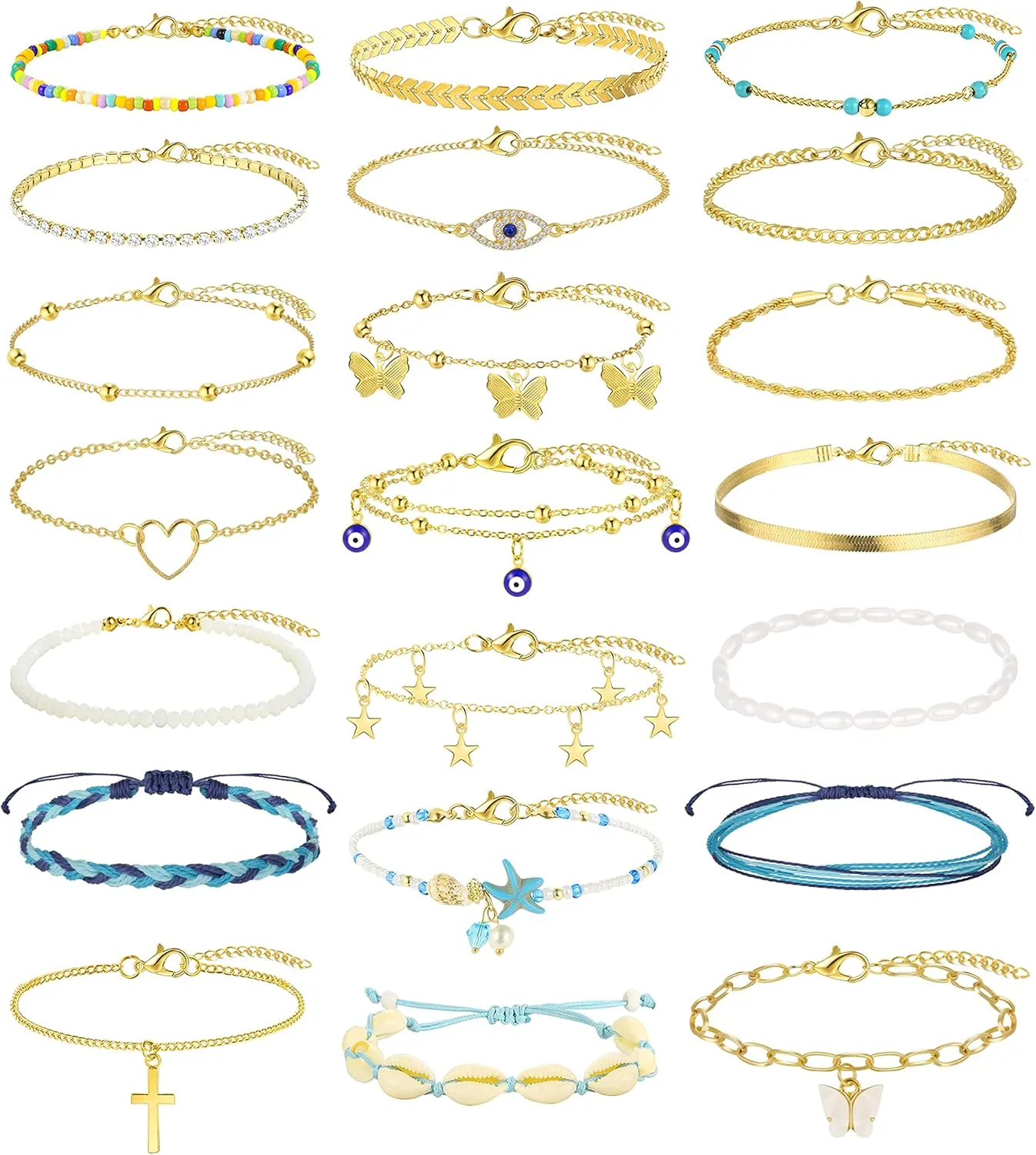 FANDY 21 Pcs Gold Ankle Bracelet for Women Gold Cuban Link Chain Anklet Cute Evil Eye Anklet Gift Set