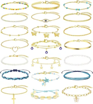 FANDY 21 Pcs Gold Ankle Bracelet for Women Gold Cuban Link Chain Anklet Cute Evil Eye Anklet Gift Set