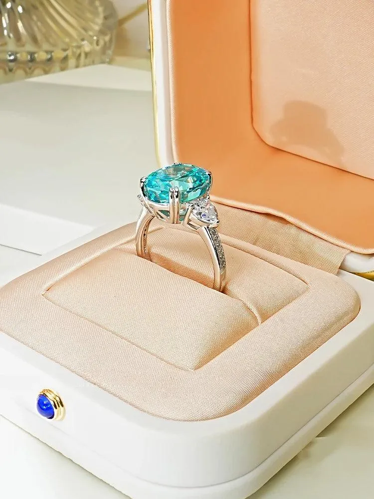Fashionable and Luxury Sea Blue Treasure Egg Ring Set with AAAAA High Carbon Diamonds, Versatile Party Jewellery