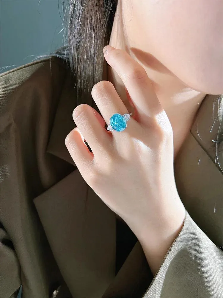 Fashionable and Luxury Sea Blue Treasure Egg Ring Set with AAAAA High Carbon Diamonds, Versatile Party Jewellery