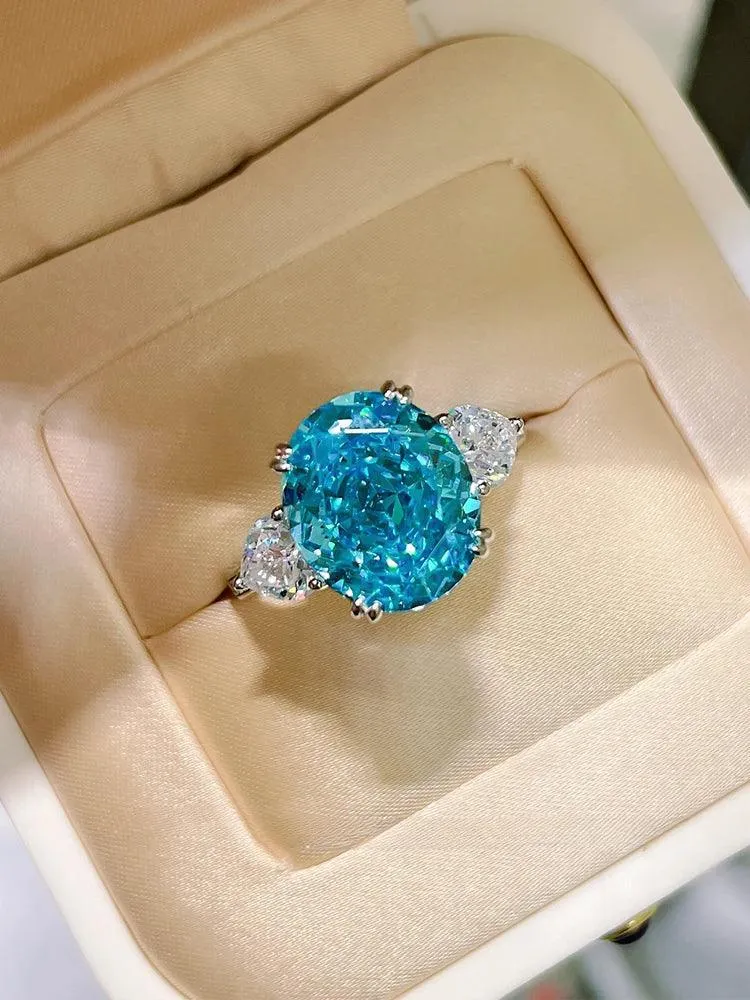 Fashionable and Luxury Sea Blue Treasure Egg Ring Set with AAAAA High Carbon Diamonds, Versatile Party Jewellery